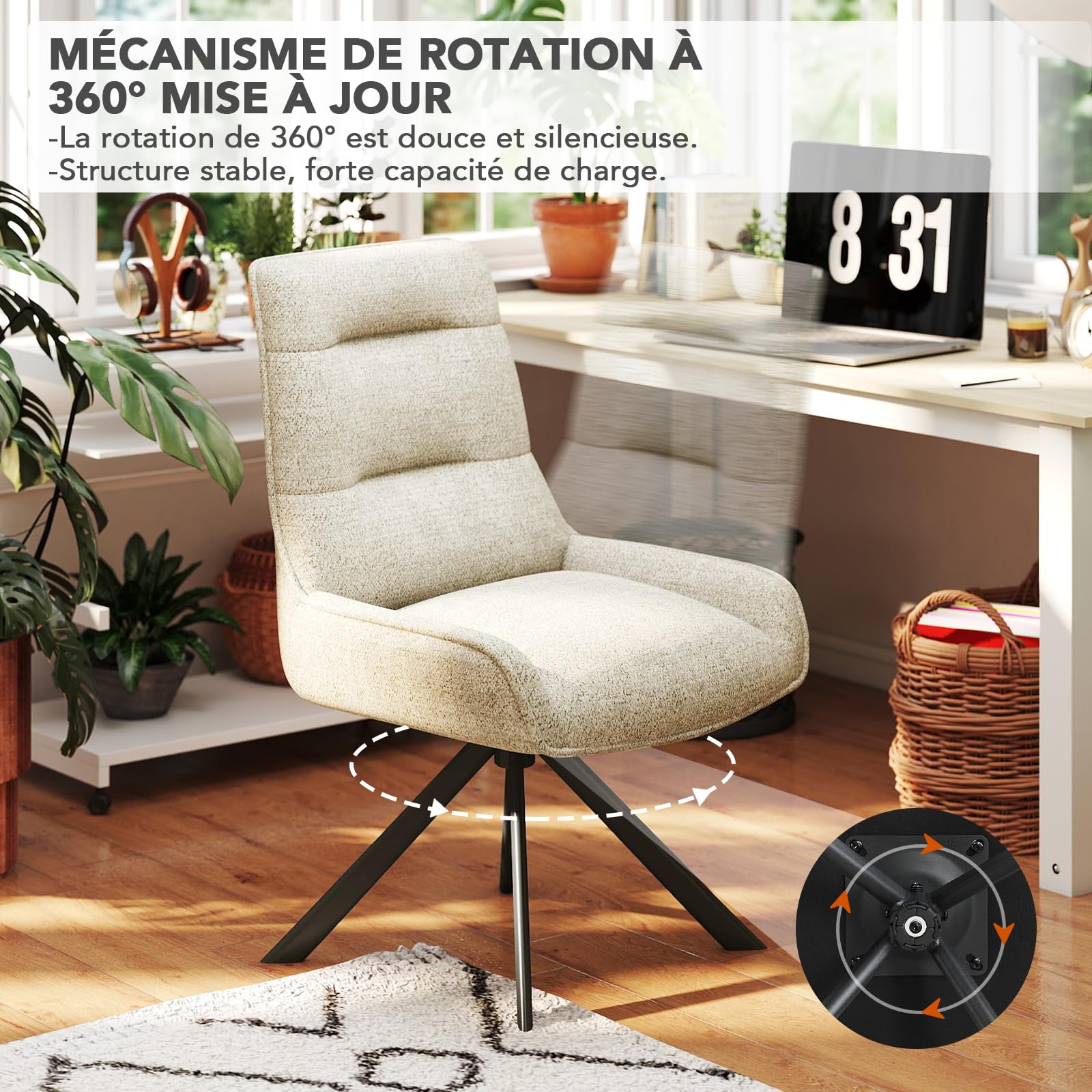 Chaises Pivotante Salle à Manger à 360° Lot de 2, Chaises Fauteuil Salle à Manger, Chaise de Cuisine Rembourrées en Tissu Chenille pour Chambre à Coucher Cuisine Salon, Beige