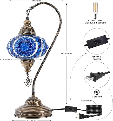 Miniatura 2 de Mozaist Lámpara de mosaico turco hecha a mano con bombilla, luz de mesa marroquí con cuello de cisne azul de ojo malvado para sala de estar o