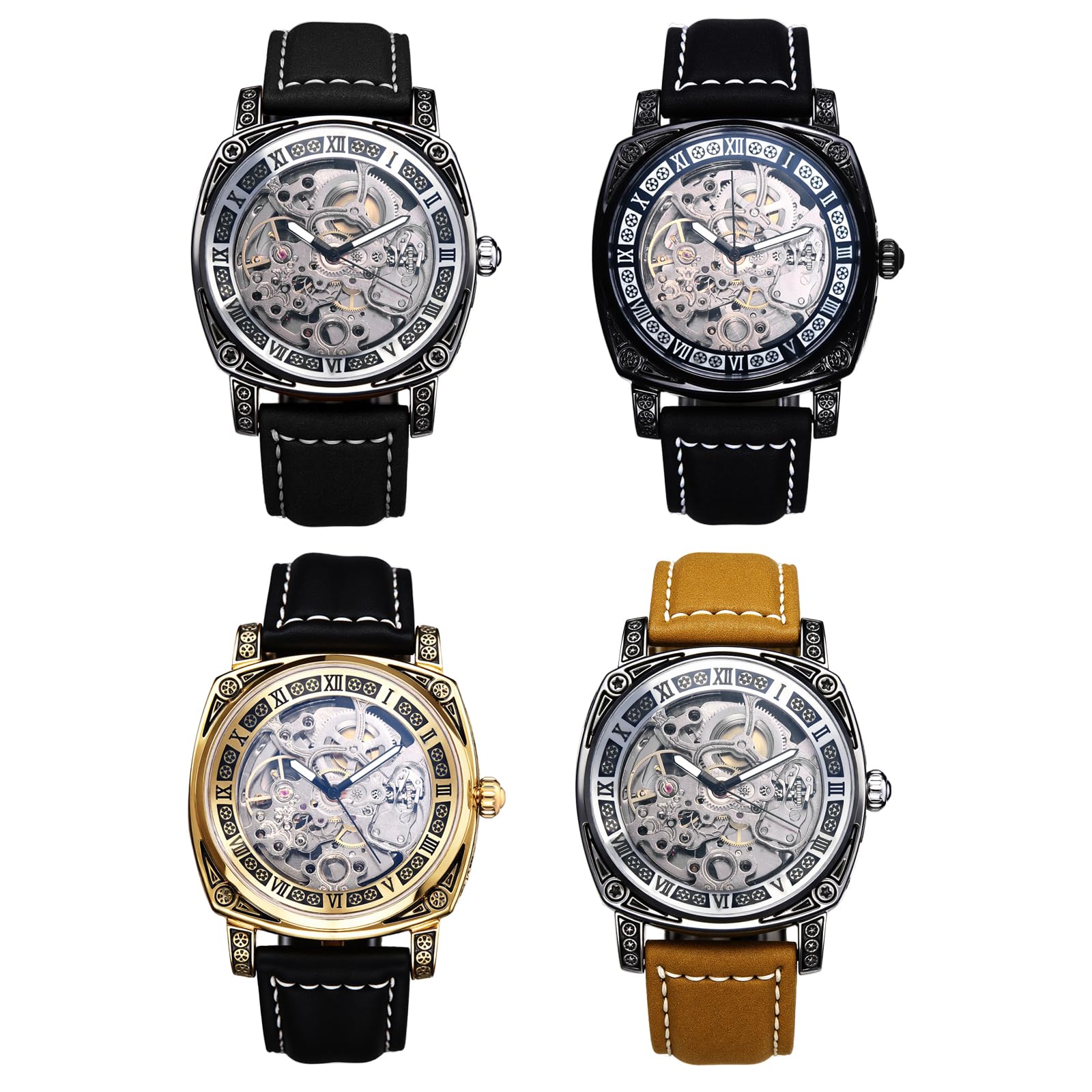 JewelryWe Zegarek męski Steampunk automatyczny zegarek ze skórzanym paskiem: 4 sztuki, vintage, automatyczny, mechaniczny zegarek na rękę, męski, skóra naturalna, bransoletka, cyfry rzymskie, szkielet