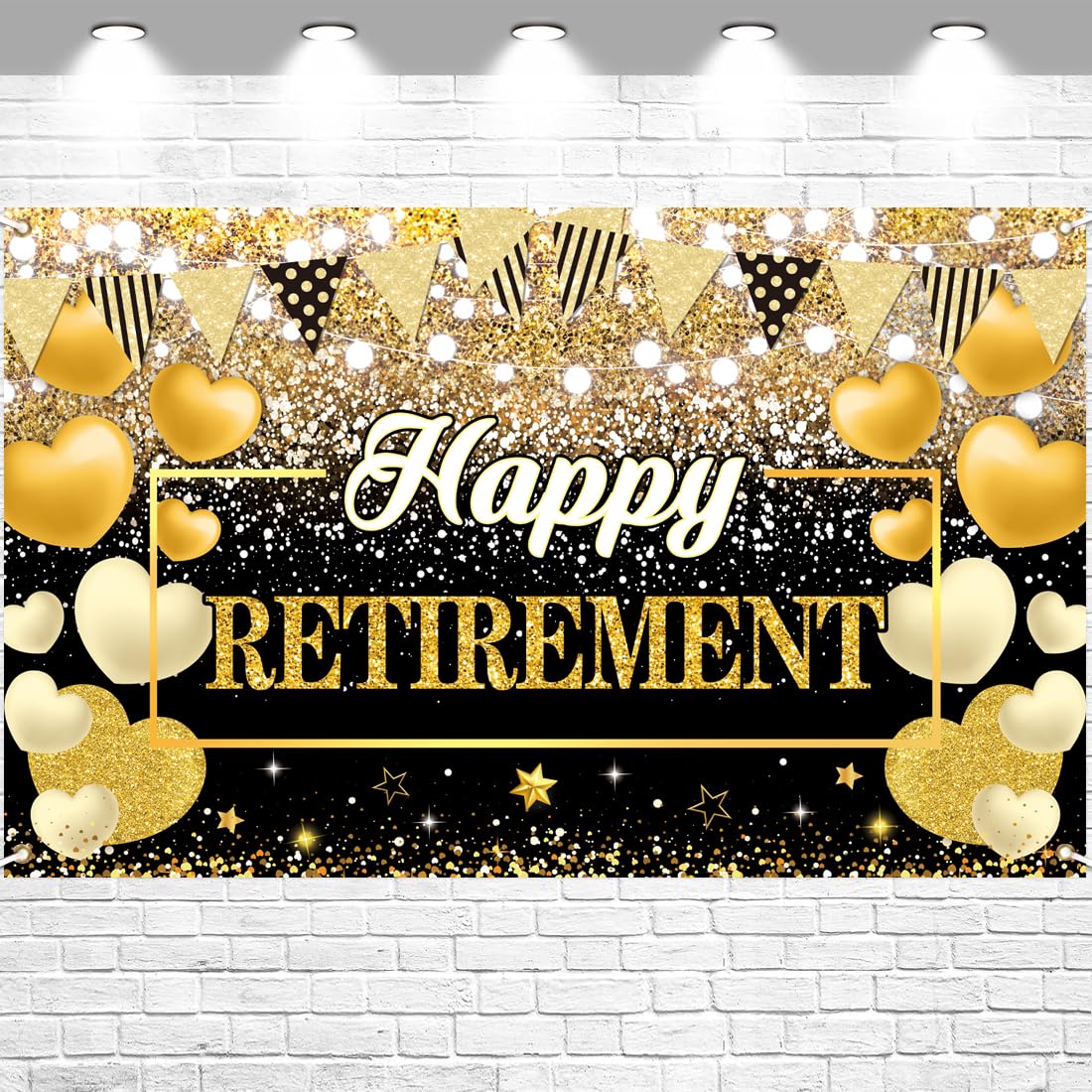 FHGG Happy Retirement Party Backdrop Banner Decorations Black Gold Large Background for Men Women Retirement Party Yard Supplies Sign 70.8 x 43.3 Inch