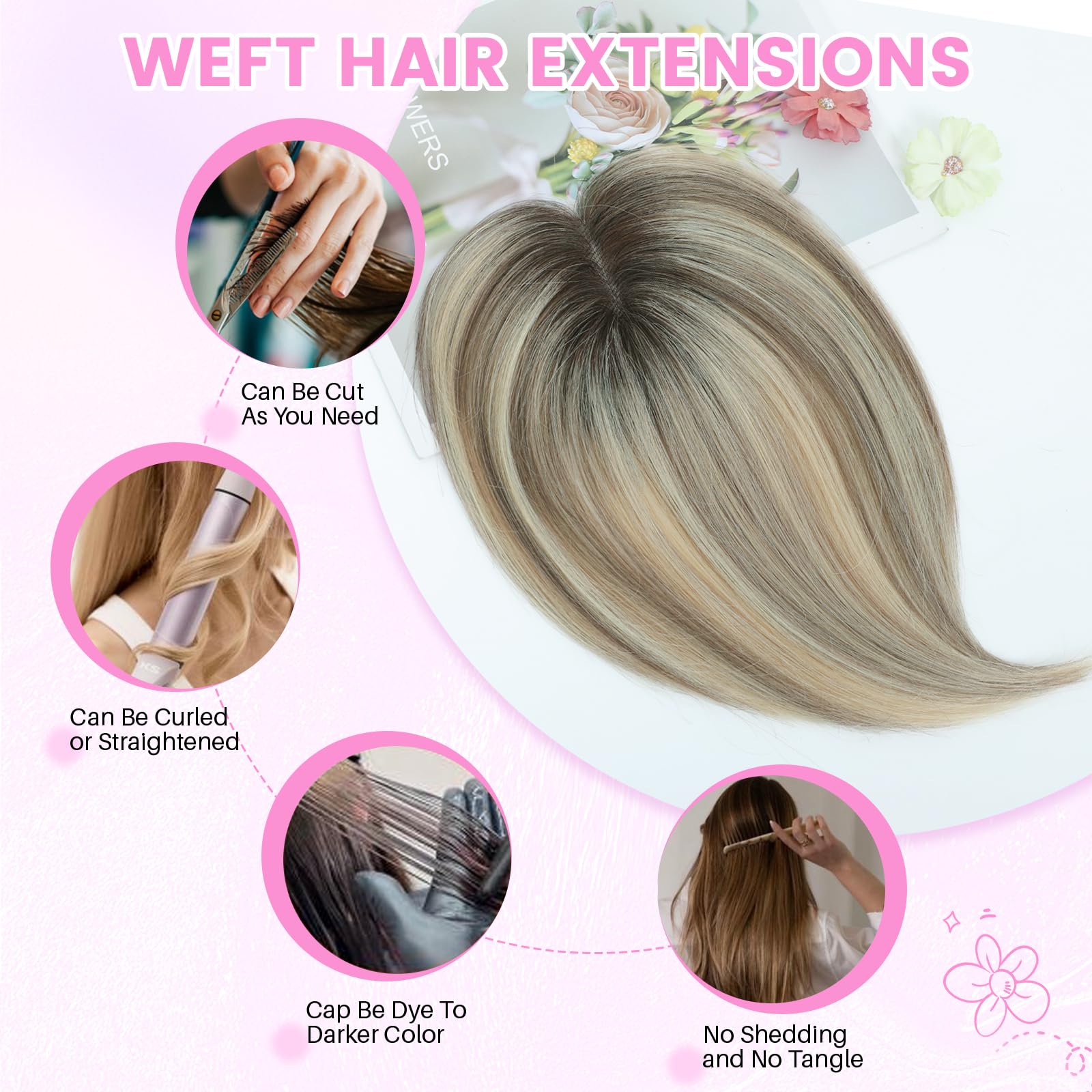 Hair Toppers for Women Fluffy Human Hair Topper 10inch Handmade Swiss Base Hairpieces 360° Cover Hairloss and Grey Hair (Ombre Light Brown with Blond Highlight) - Image 4