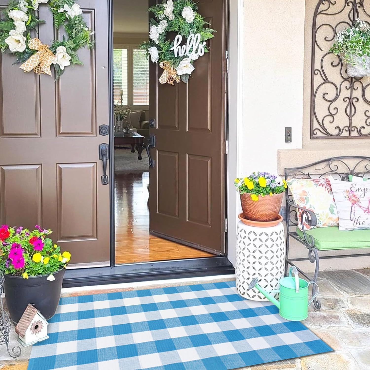 Ckorzen Blue and White Plaid Rug, 3' x 5' Spring Outdoor Front Porch Door Decor Mat, Washable Cotton Woven Farmhouse Area Rug for Layered Door Mats Carpet, Entryway, Easter Décor