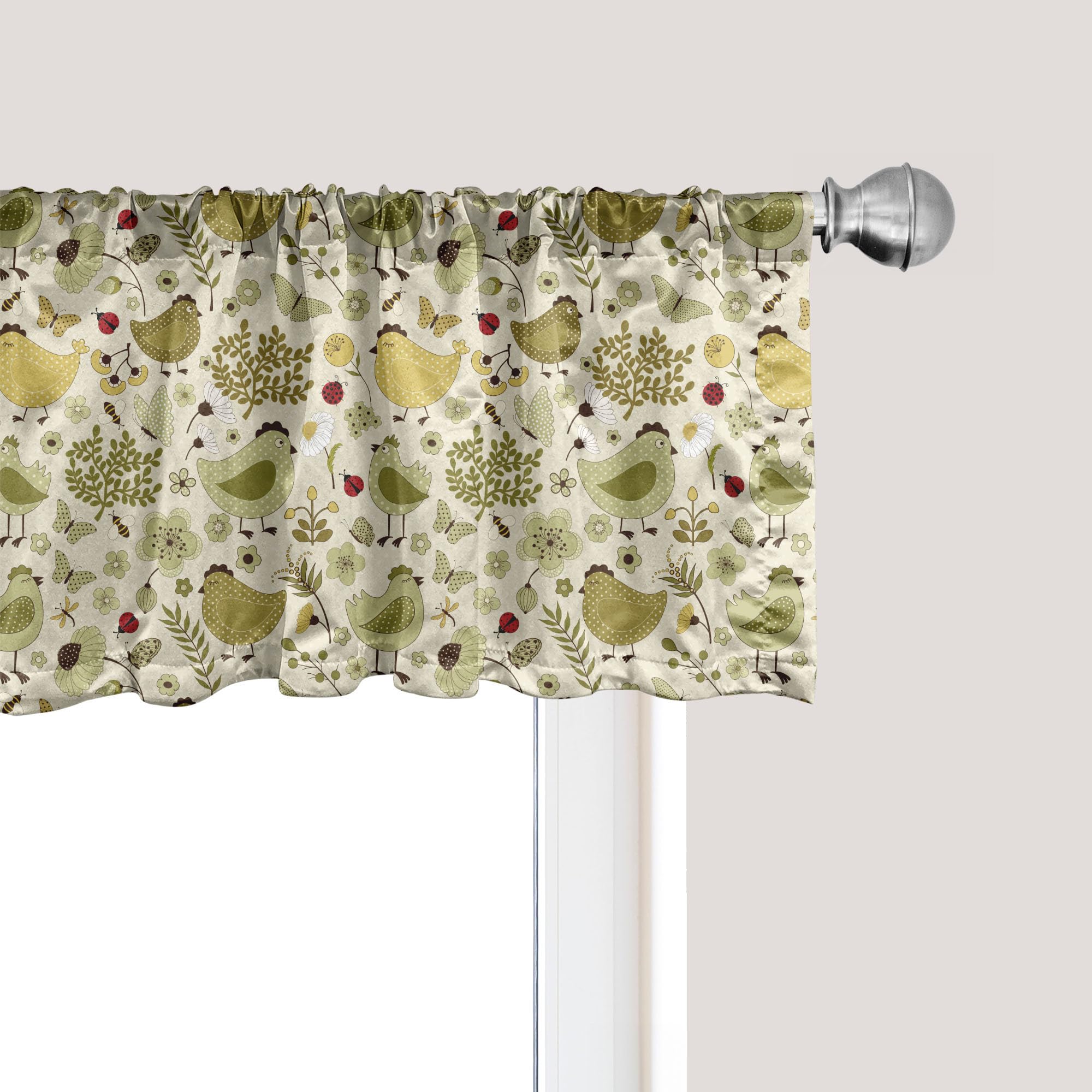 Ambesonne Spring Window Valance, Chicken Ladybug and Bees Ornamental Nature Composition on Polka Dotted Backdrop, Curtain Valance for Kitchen Bedroom
