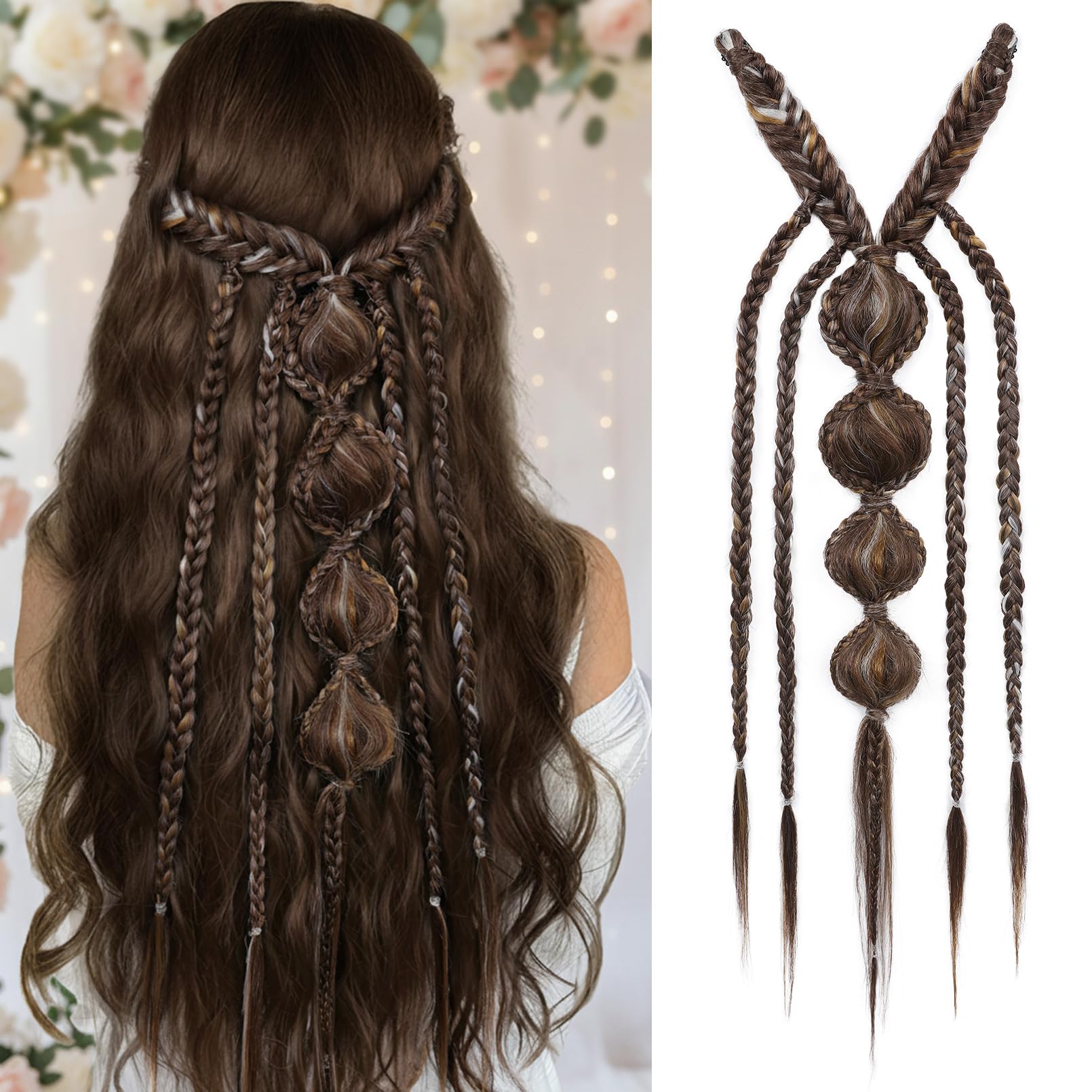 Clip in Braid Hair Extensions - Boho Festival Princess Braid, Viking & Renaissance Hair Extension, Fairy Cosplay Wedding Hairpiece for Women - Dark Auburn