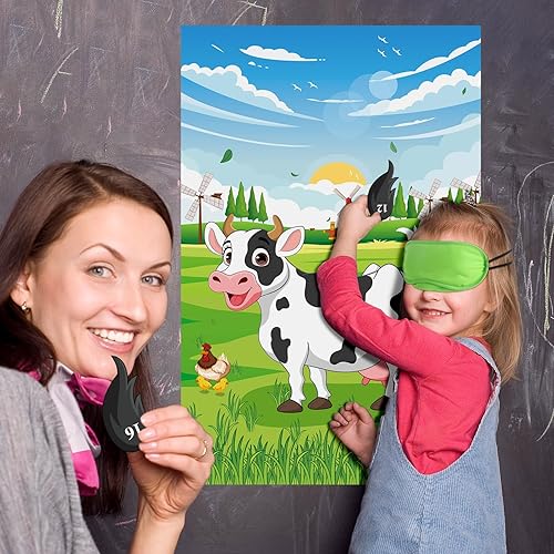 Miniatura 5 de Hxezoc Pin The Tail on the Cow Game con 50 piezas de colas, póster de juegos de fiesta de vaca grande para niños, fiesta de cumpleaños temática de