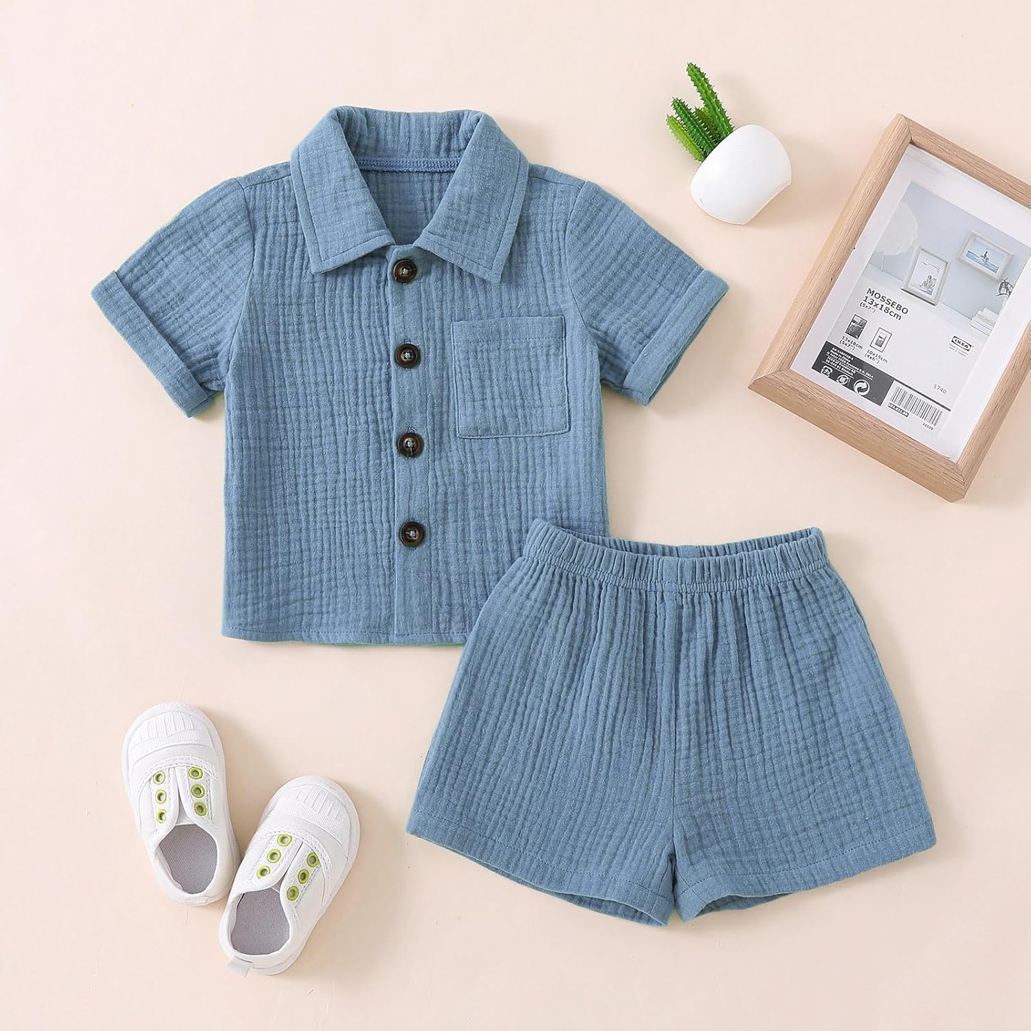 Baby Boys Clothes Set Toddler Infant Boys Button-down Shirt Tops + Cotton Gauze Shorts Summer Outfit 2PCS with Pockets - Image 2