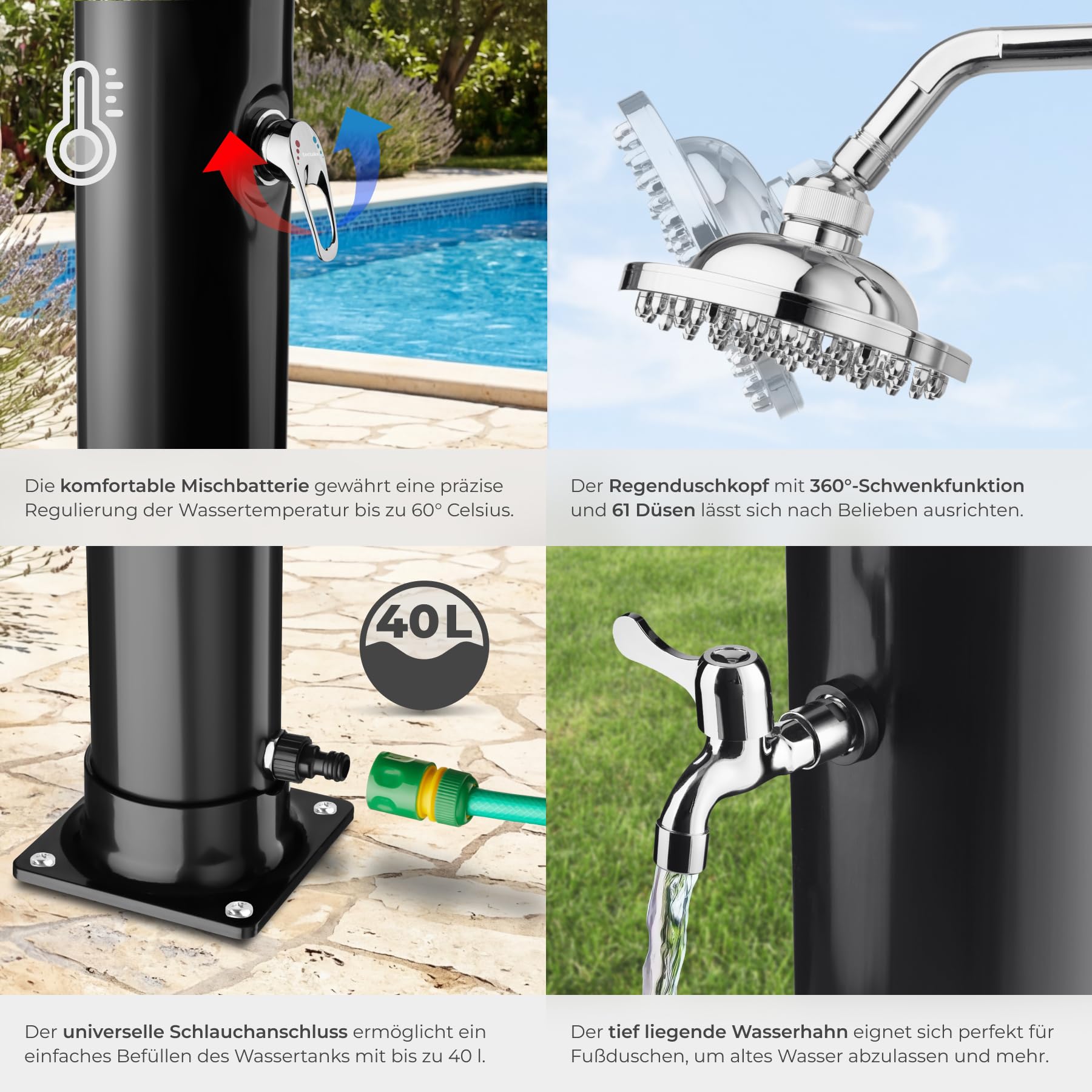 TecTake® Solardusche, 40 l, bis 60° C warmes Wasser, drehbarer Regenduschkopf, Gartenschlauch-Anschluss, Solar Dusche, Solarduschen, Solar Duschen, Garten Solardusche, Camping Solardusche - schwarz