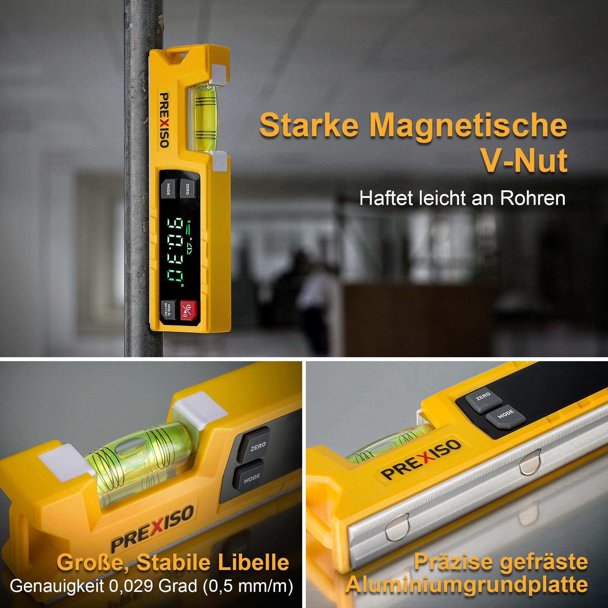 PREXISO Digitale Wasserwaage & Digitaler Winkelmesser, 17,5 cm, 0–90° & 0–180° Messbereich, Magnetische V-Nut, Torpedo-Wasserwaage mit Audioanzeige für Holzarbeiten & Heimwerker