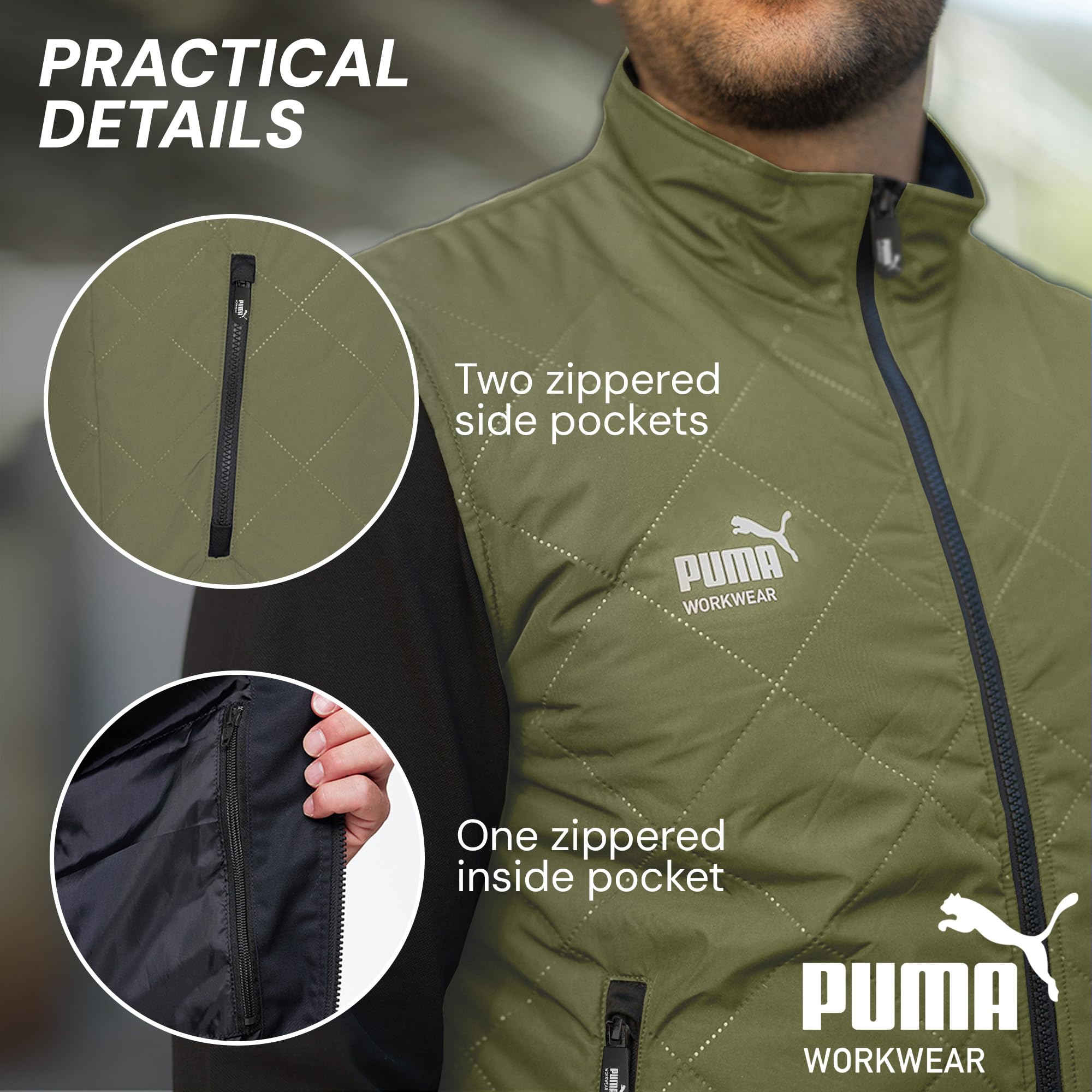 PUMA Workwear - Chaleco de invierno para hombre, forro cálido, resistente al agua y al viento, chaleco de trabajo con bolsillos y forro polar, bolsillo interior, material exterior robusto para trabajo