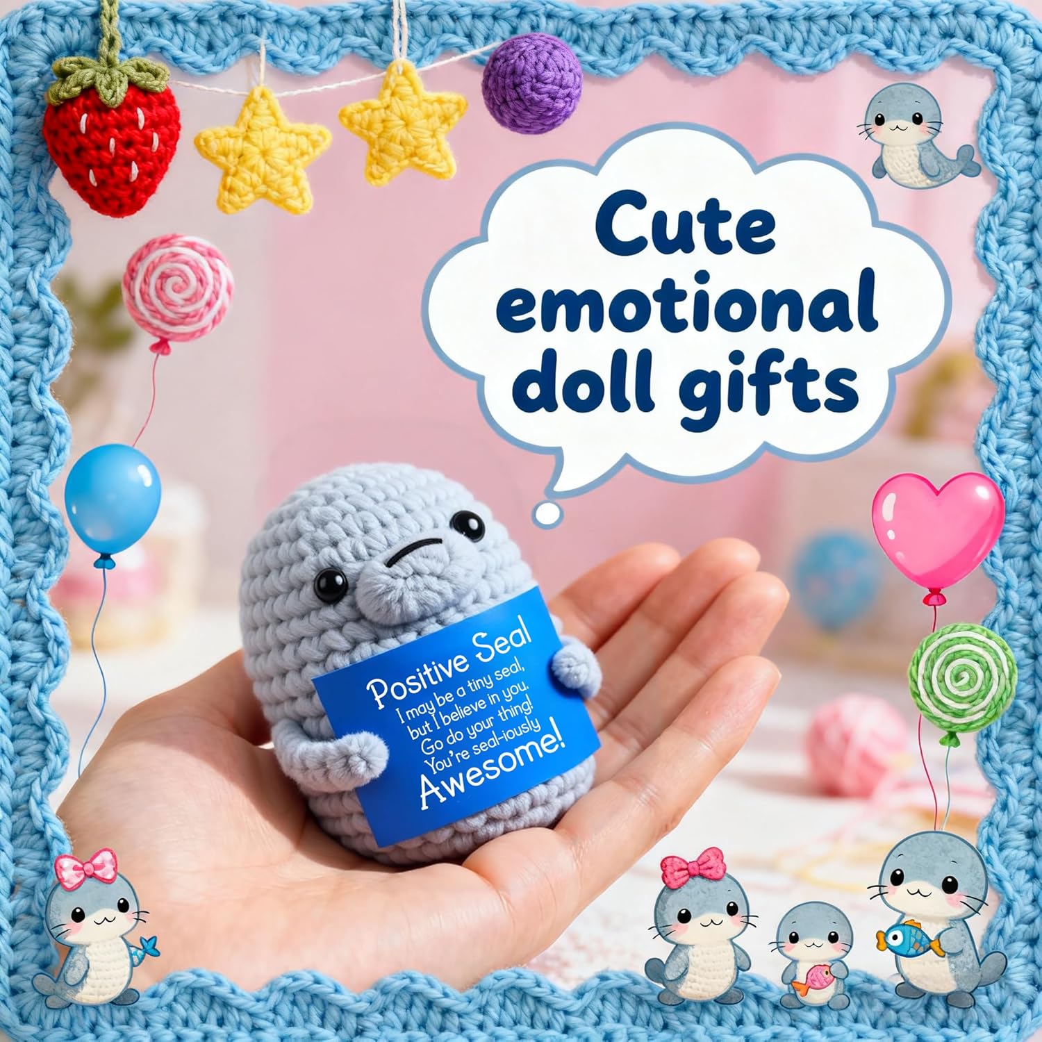Positive Crochet Seal Gift – Handmade Encouragement Present for Women Men Friends Coworkers, Emotional Support Cute Animal Figurine, Inspirational Christmas Birthday Stocking Stuffer Desk Decor - Image 2