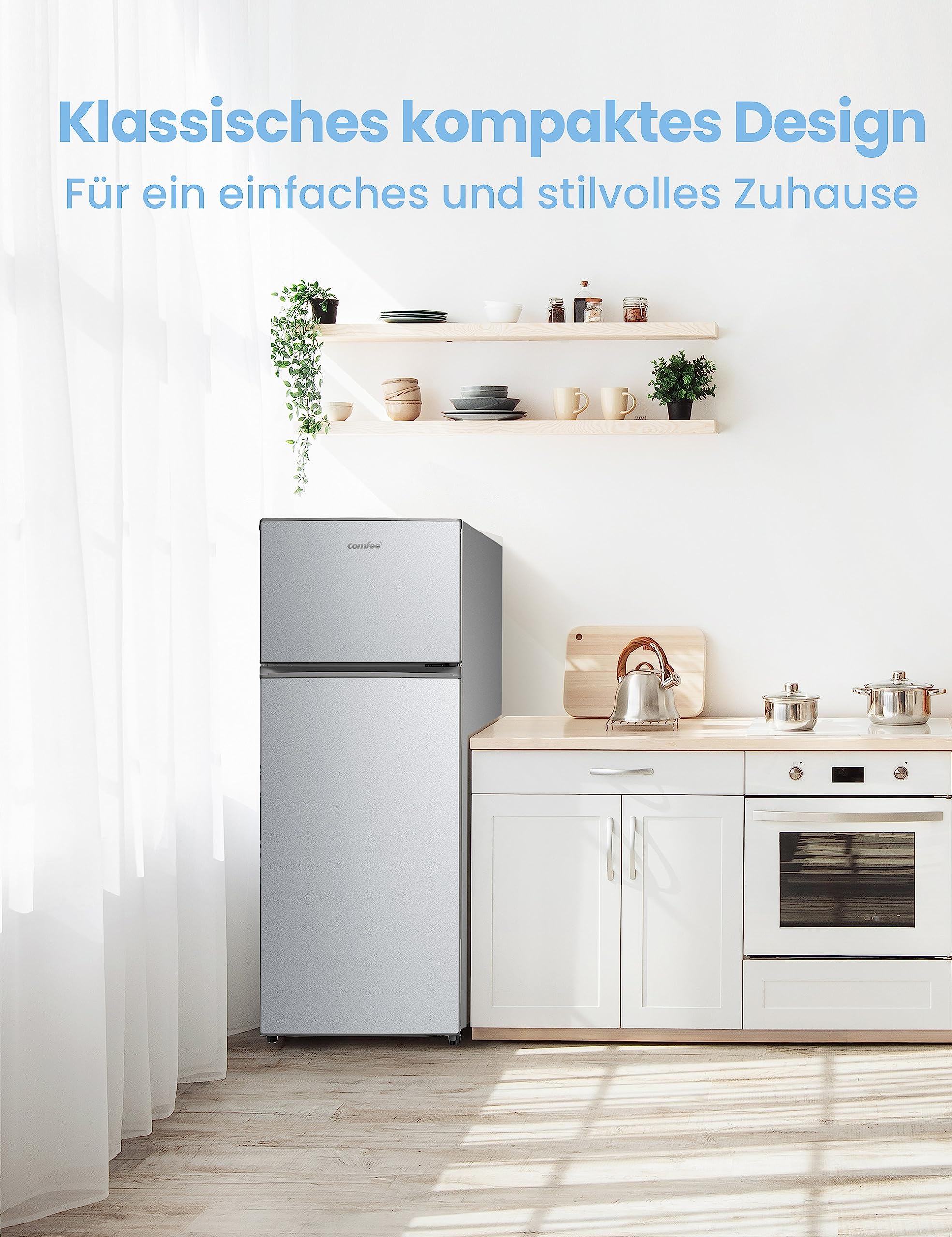 Comfee RCT284DS2 Kühl-Gefrierkombination 176 kWh/Jahr 143 cm Höhe LED Licht Reversibles Türscharnier Silber
