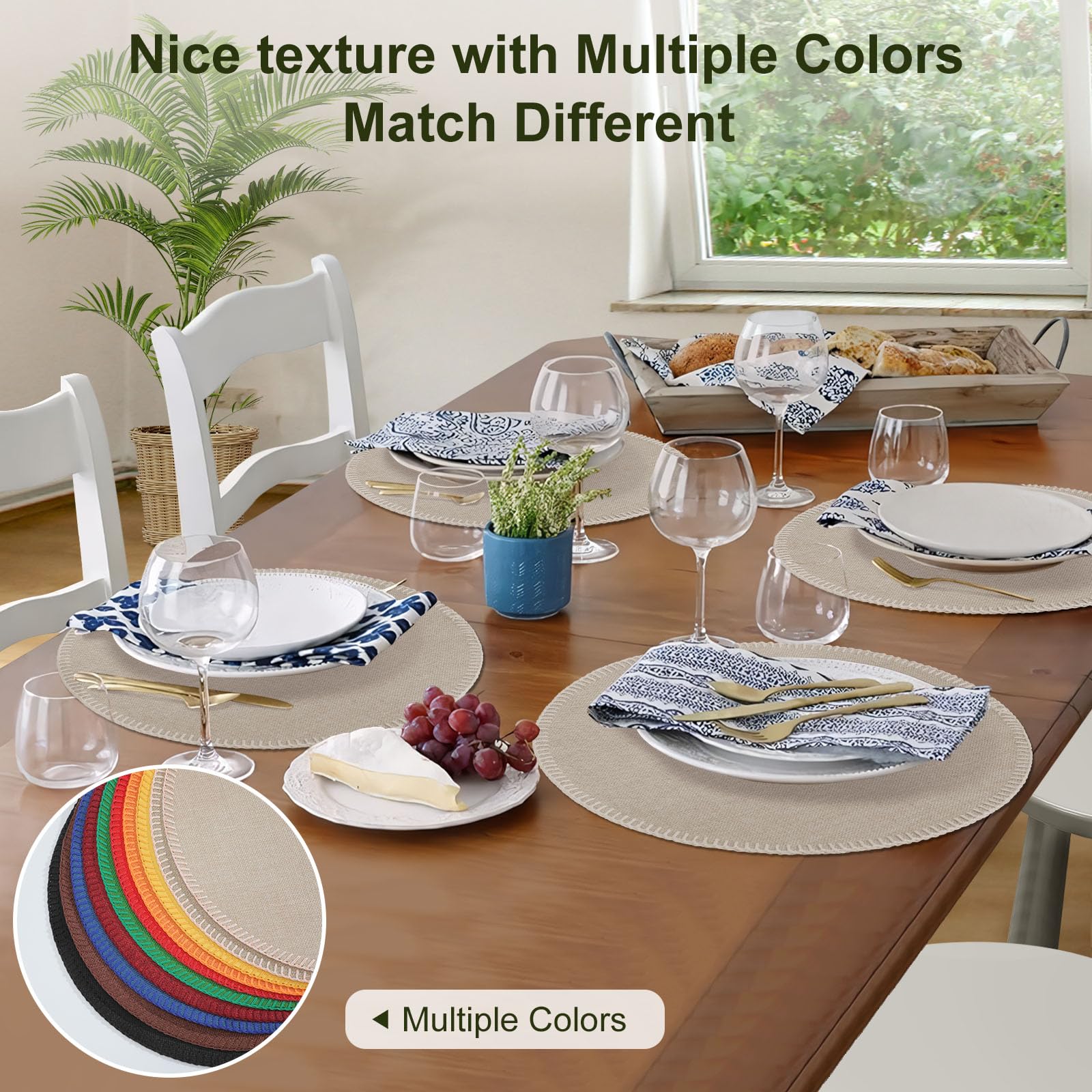 Rinpon Round Placemats Set of 8, Machine Washable Linen-Like Cloth Place Mats & Heat-Resistant for Dining Table - Image 3