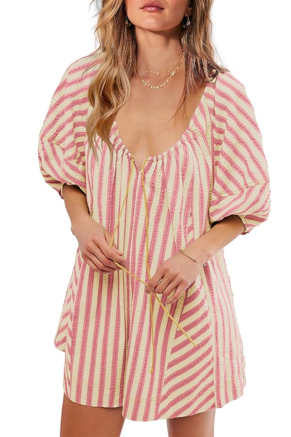 ReachMe Womens Summer Striped Rompers Oversized Puff Sleeve Wide Leg Romper Dress Trendy Beach Vacation Outfits(Pink Yellow,M) by ReachMe - Used condition - Image 7