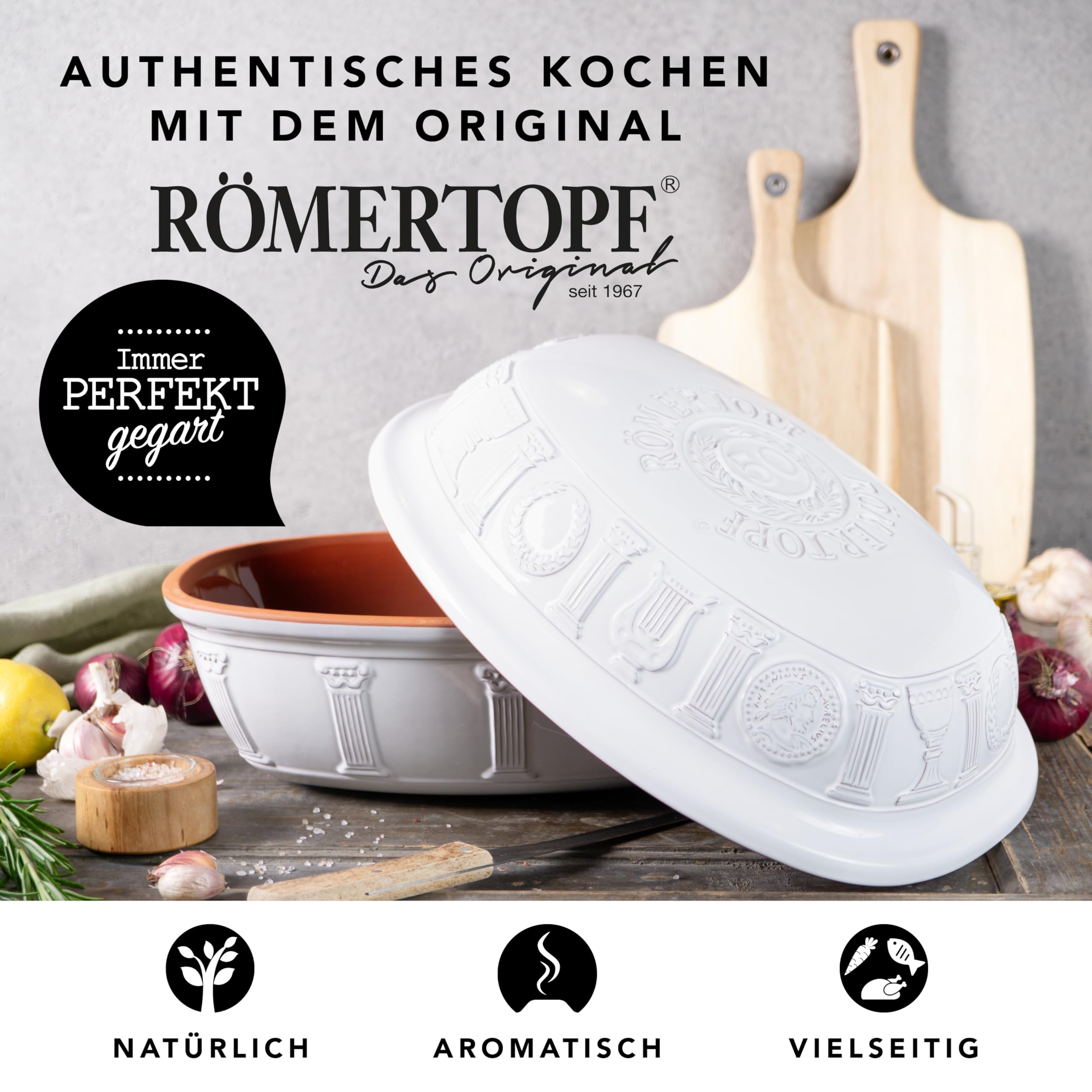 Römertopf Bräter 50 Jahre JUBILÄUM Weiß für 6-8 Personen - 5 Liter Schmortopf mit Deckel aus Keramik - Zum Schmoren, Braten und Dampfgaren - Backofengeeignet