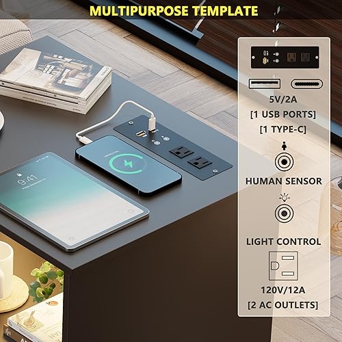 Miniatura 3 de Dystler Mesitas de noche LED de 3 colores mesita de noche inteligente para dormitorio mesita de noche negra con 2 estaciones de carga USB mesita de