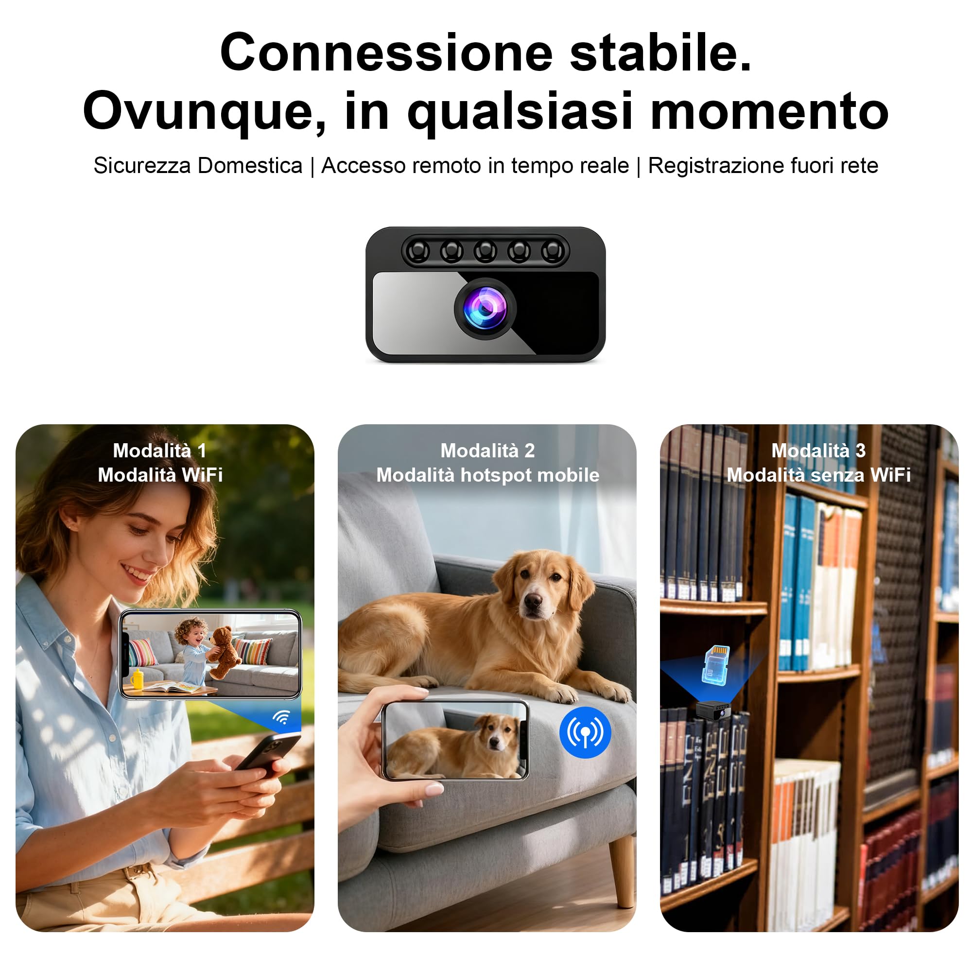 AOBOCAM Mini Telecamera WiFi Interna 4K UHD Videocamera Sorveglianza con Visione Notturna, 5 Ore Autonomia, Notifiche Movimento Istantanee, Doppia Memoria SD/Cloud, Controllo Remoto Con App (S)