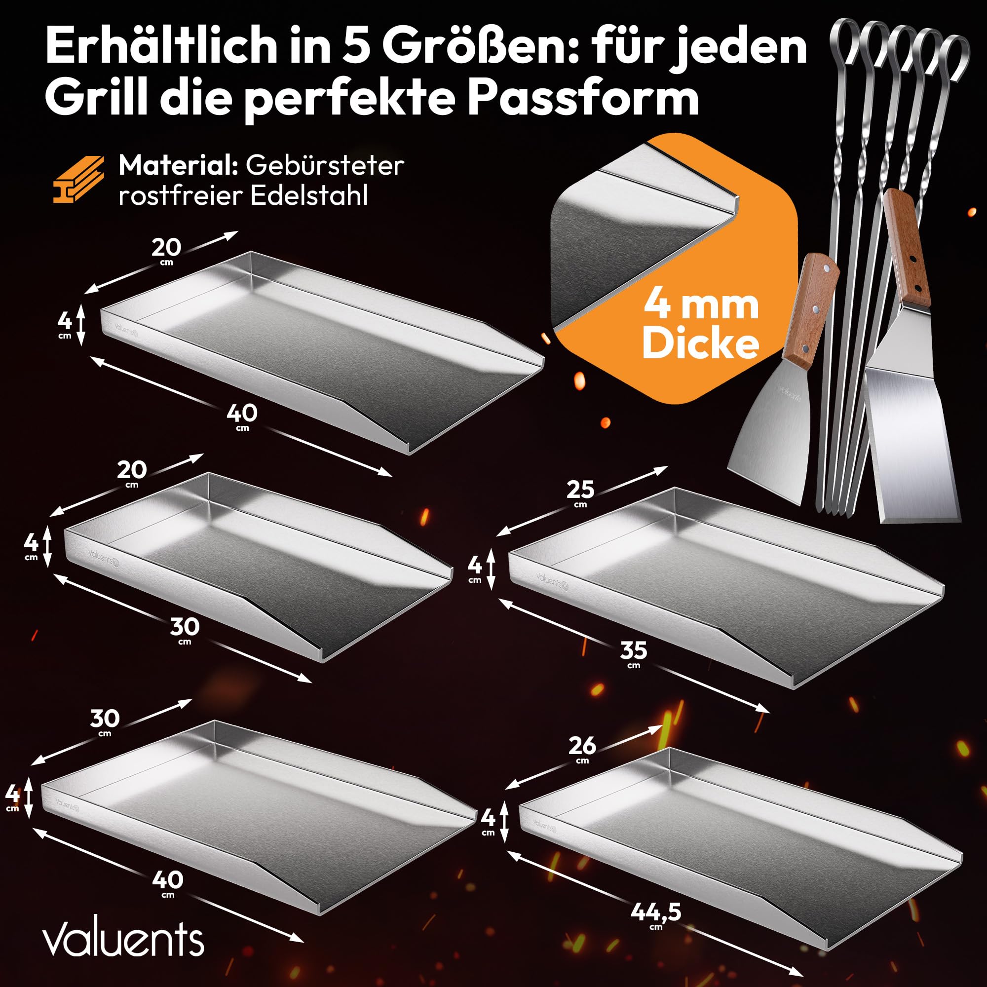 Plancha Grillplatte aus rostfreiem Edelstahl 40x30 cm für Gasgrill & Kohlegrill mit Bürste & Grillspachtel