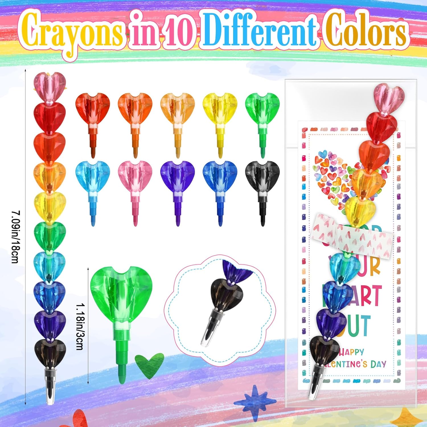 Sayglossy 50 Set Valentine's Day Gift Bulk Heart Stacking Crayons Colorful Stackable Buildable Crayons with Valentines Card Sticker Valentine Party Exchange Gift for Party Supplies