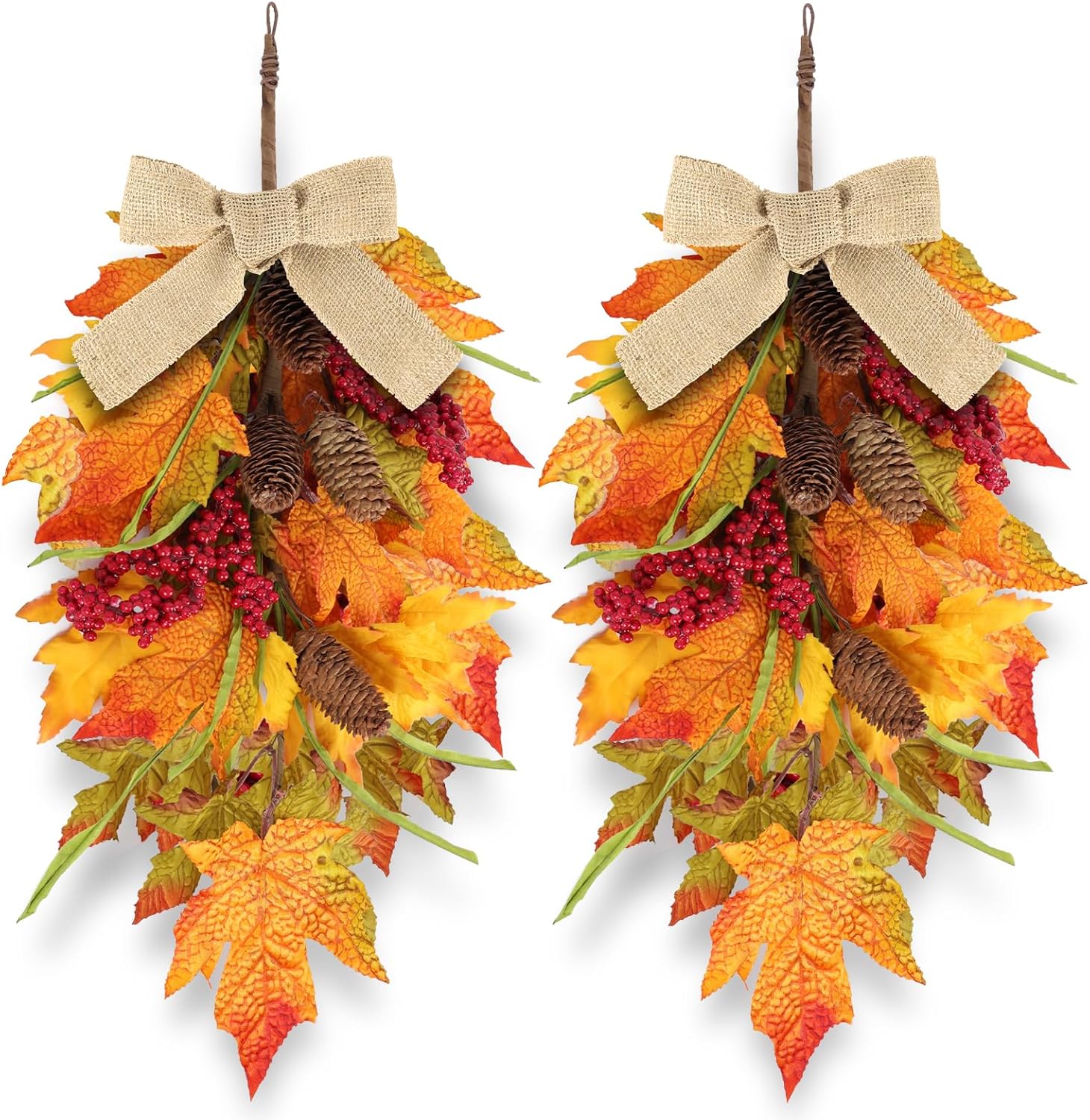 22″ Fall Wreaths for Front Door 2 PCS Fall Teardrop Swag Artificial Maple Leaves Pine Cones Red Berries with Ribbon for Indoor Outdoor Farmhouse Home Wall Window Festival Wedding Decor