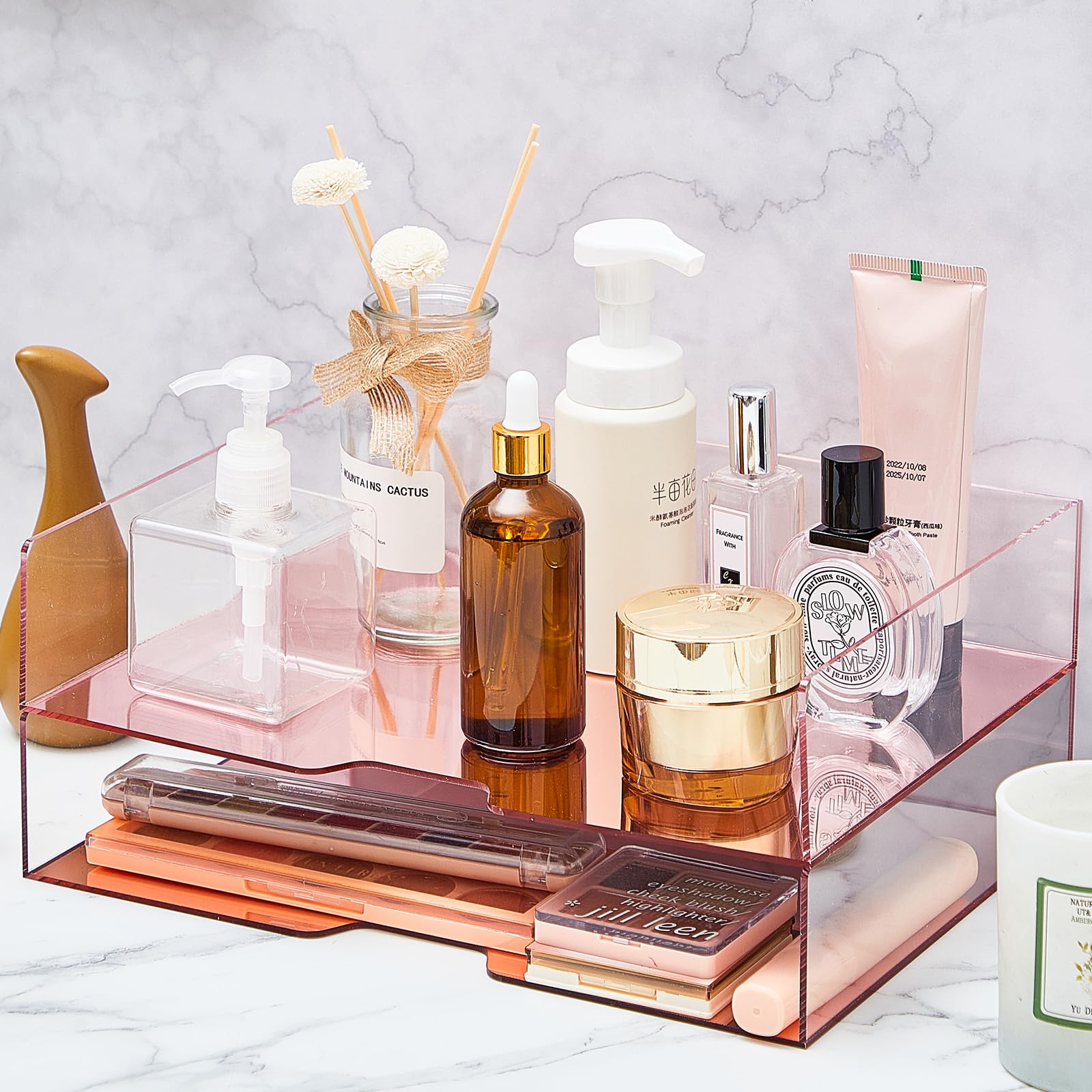 Yeaqee 4 Pcs Acrylic Paper Tray Letter Organizer for Desk Stackable Mirror Letter Tray Clear Office Organizers for Desk Vanity Workspace School Desktop Classroom File Letter Sorter Holder(Rose Gold)