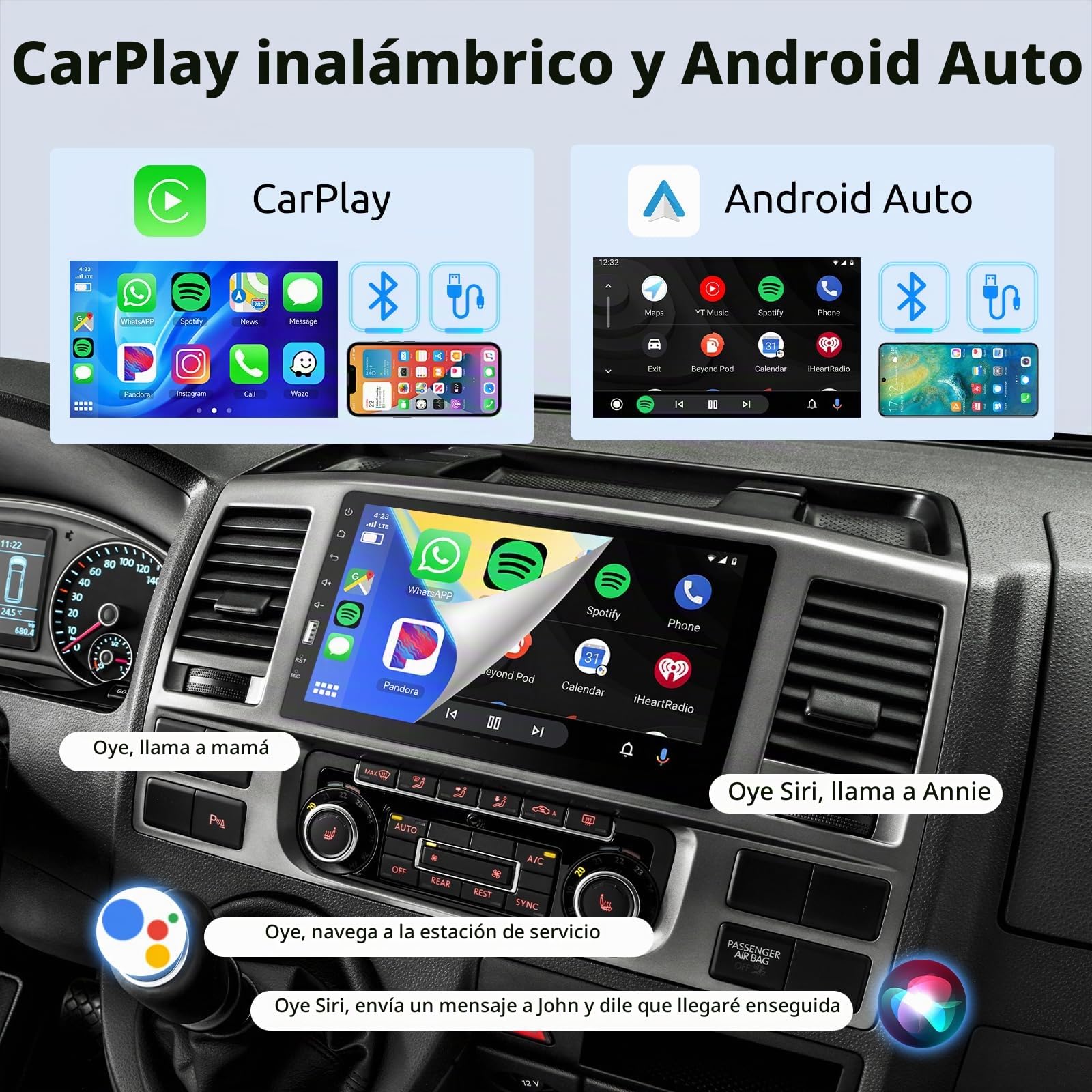 VECHTEL Radio Coche Bluetooth con Carplay Android Auto Inalámbrico, Autoradio 1 DIN con Pantalla Táctil de 9 Pulgadas, Radio FM, Soporte Mirror Link, USB, Controles en el Volante, Mic, Cámara Trasera