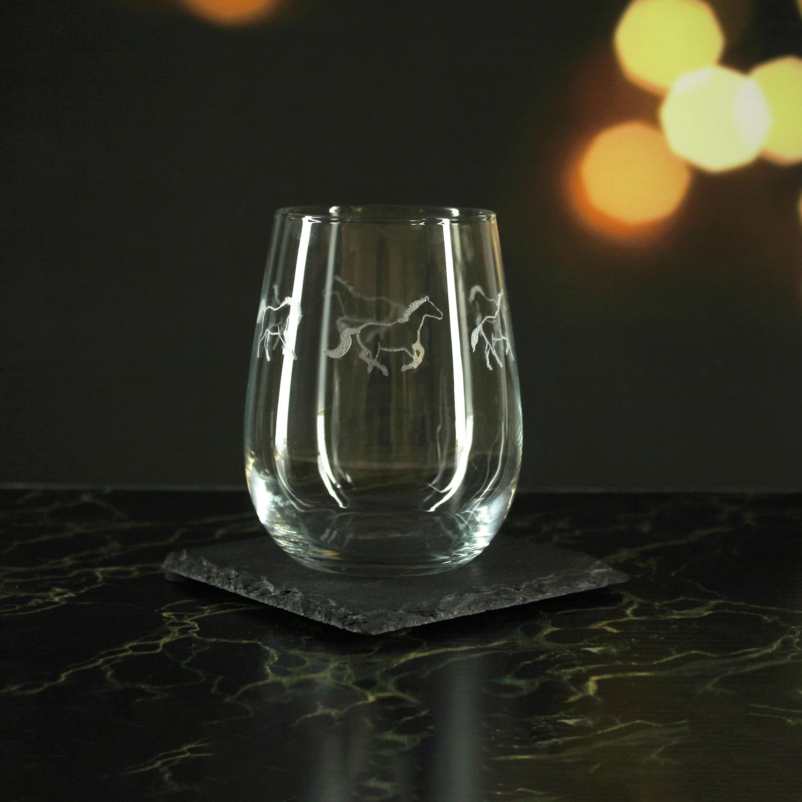 Weingläser ohne Stiel, graviertes Pferde-Muster, 4 Stück, 360 ml Gaia-Gläser, lasergraviert in Großbritannien, Geschenk für sie, Geschenk für Mama, Oma, Muttertag, Geburtstag