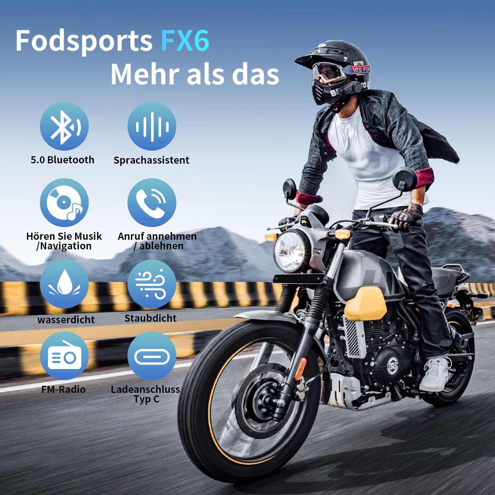 FODSPORTS FX6 Moto Intercom Casque Bluetooth 5.0 Jusqu'à 6 conducteurs Communication simultanée pour 1000 mètres avec couplage universel, réduction du bruit CVC, commande vocale
