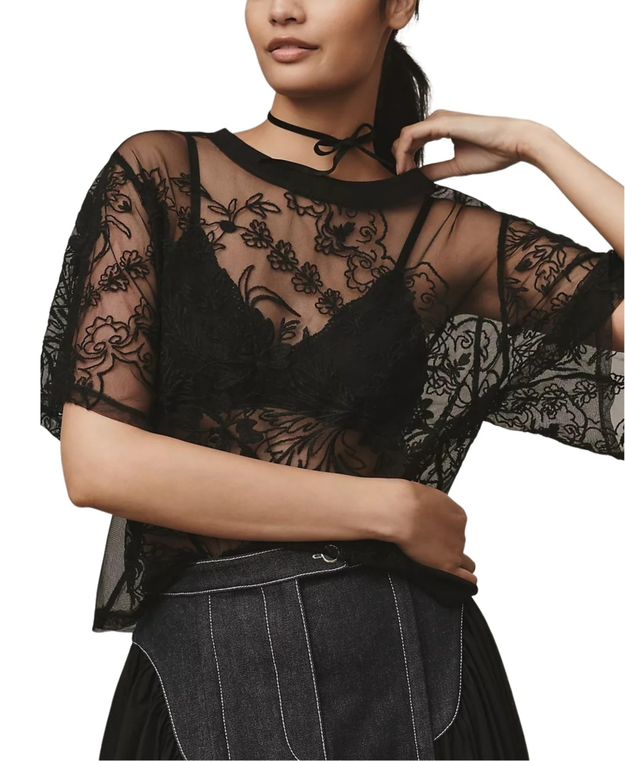 OPCAKM Women's Mesh Tops Y2K Short Sleeve Sheer Lace Embroidered Shirts Layering See Through Blouse