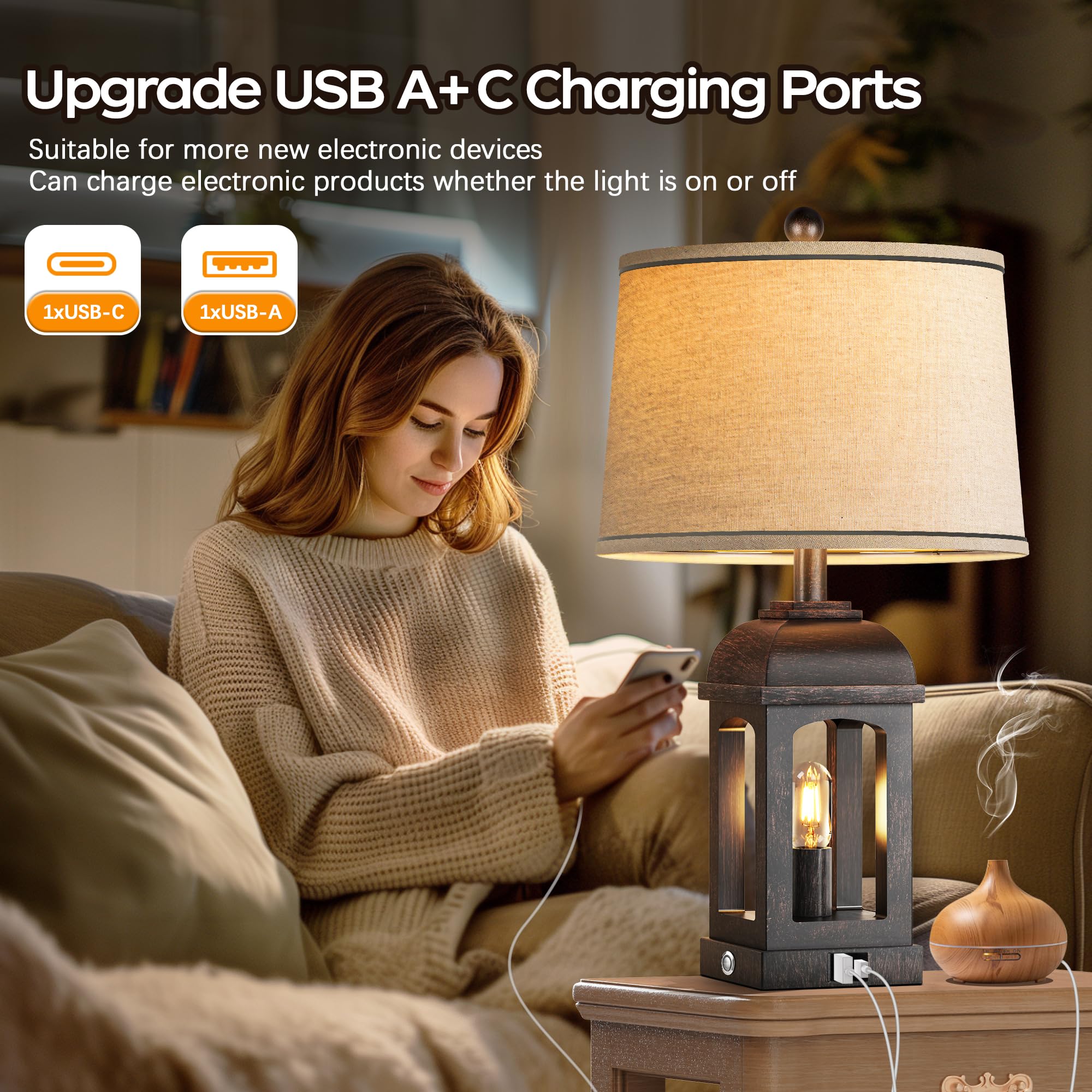QiMH Lampada da tavolo per soggiorno, lampade da fattoria con USB A+C e luce notturna, lampade da comodino rustiche da 66 cm con controllo touch dimmerabile a 3 vie, lampada da comodino per camera da