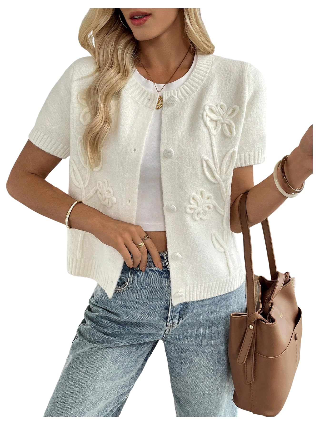 Floral Embroidery Cozy Short Sleeve Sweater for Women Button Up Lightweight Cardigans-image-14