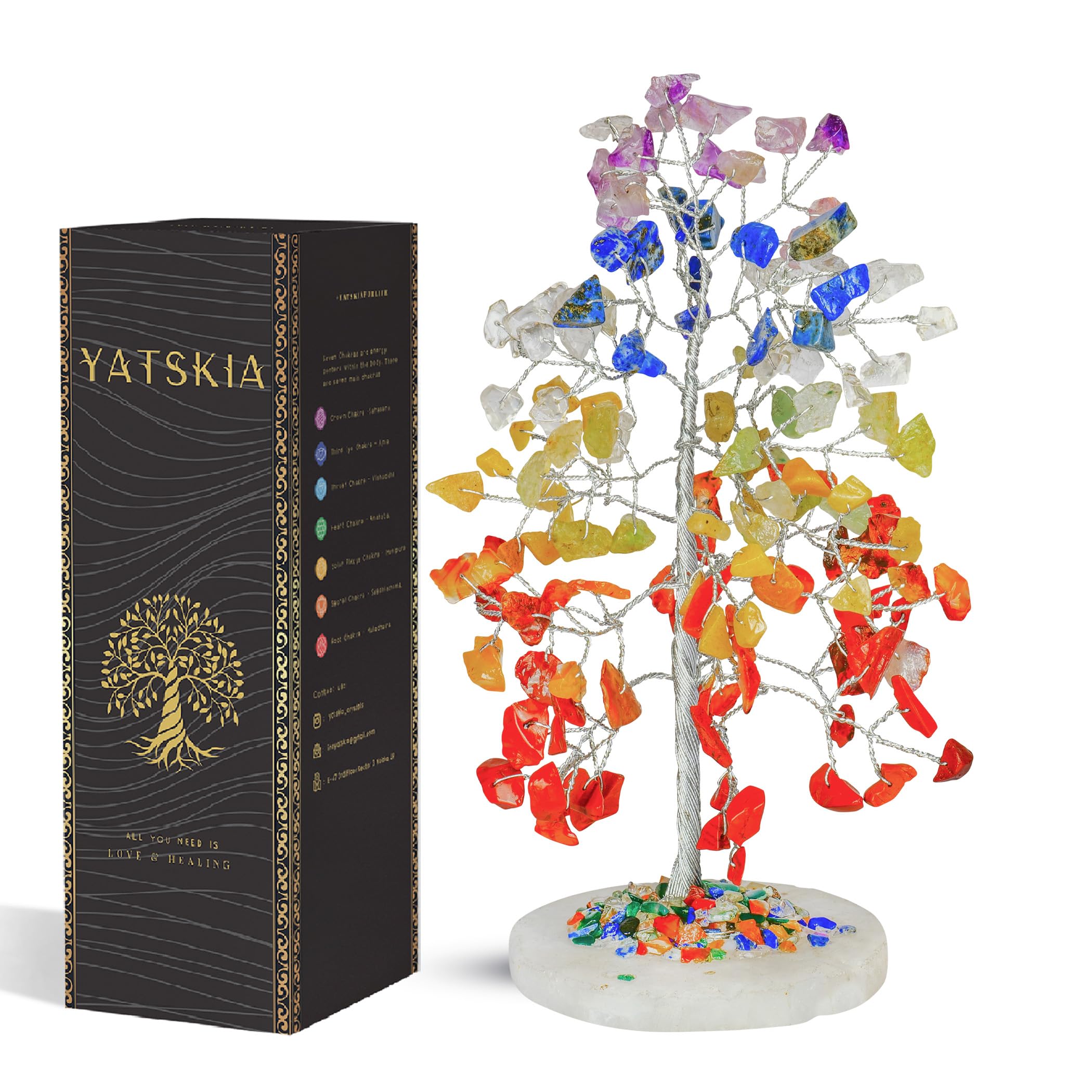 Chakra Tree of Life - Wrapped On Natural Geode Agate Slice Base, w/ Tree of Life Necklace - Chakra Decor, Crystals and Healing Stones, Feng Shui Tree, Seven Chakra Tree, 7 Chakra Tree, Bonsai Tree