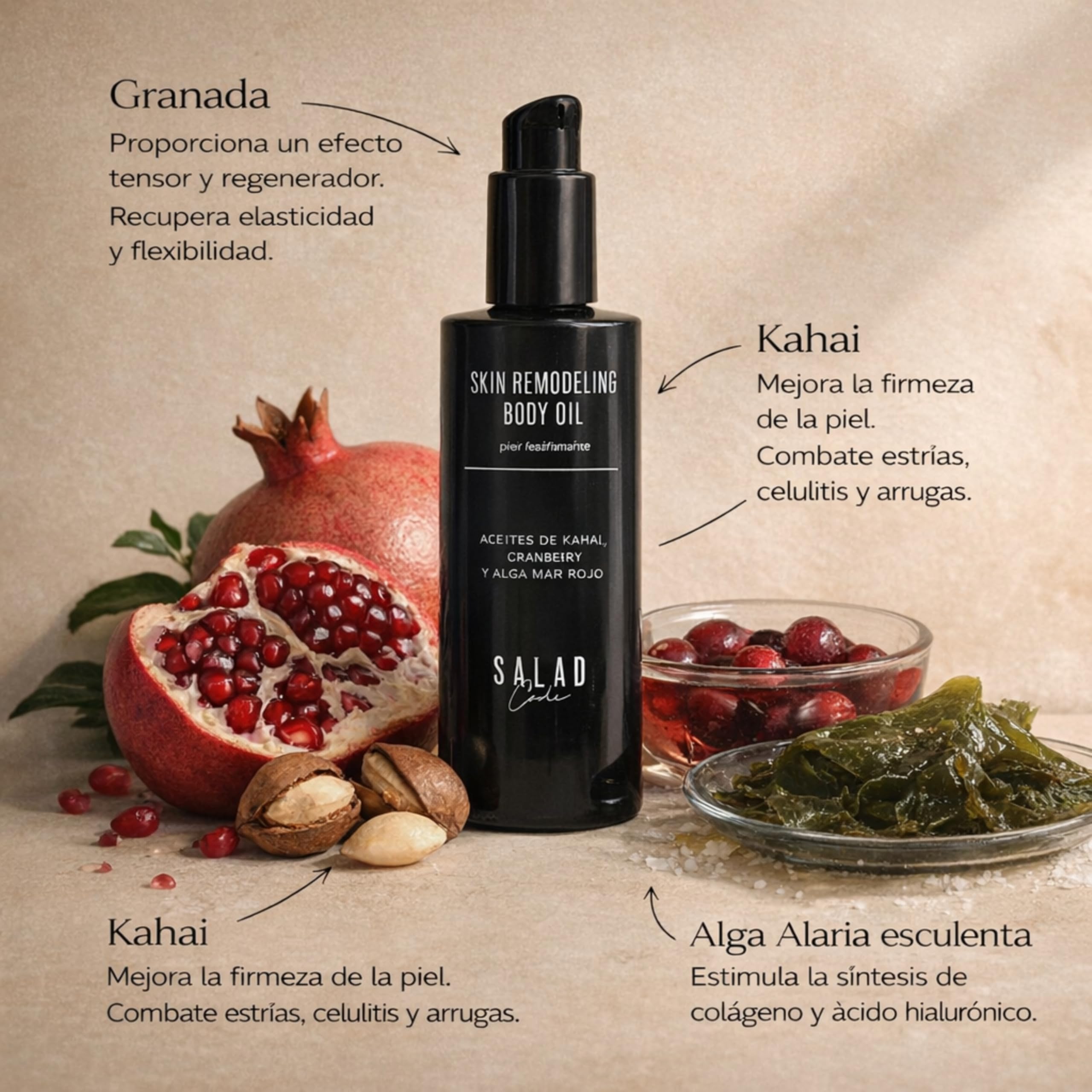 SALAD CODE Aceite Reafirmante Corporal para Flacidez – Antiestrías Embarazo – Mejora Firmeza y Elasticidad – Suaviza celulitis piernas y gluteos – Aceite Corporal +90% Ingredientes Naturales