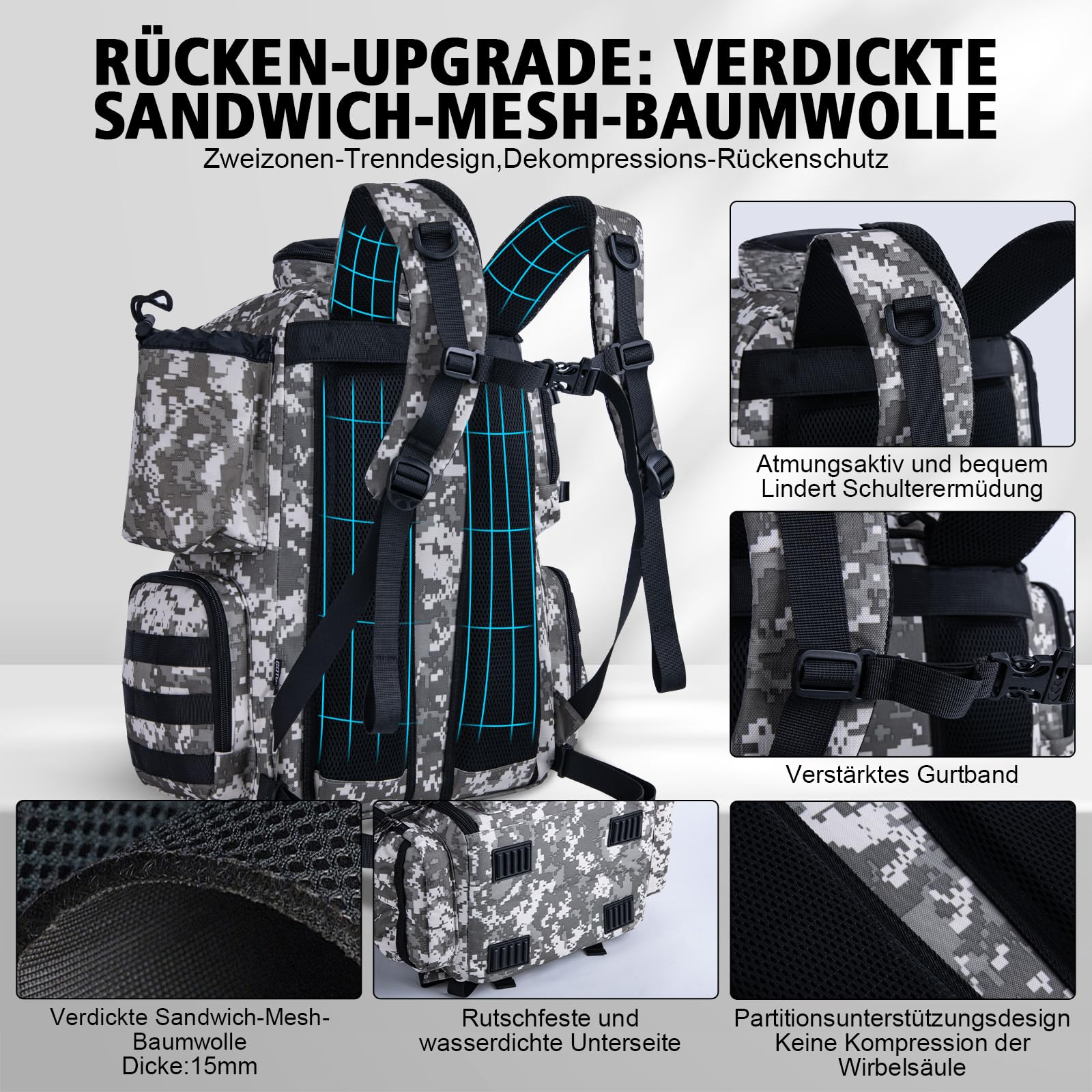 Goture Angelrucksack mit 4 Köderbox Angeln, 45-Liter Angelzubehör-Rucksack mit Zwei Rutenhaltern und Regenschutz, 900D Oxford-Gewebe Wasserabweisende Angelgerätetasche mit verstellbarem Fach