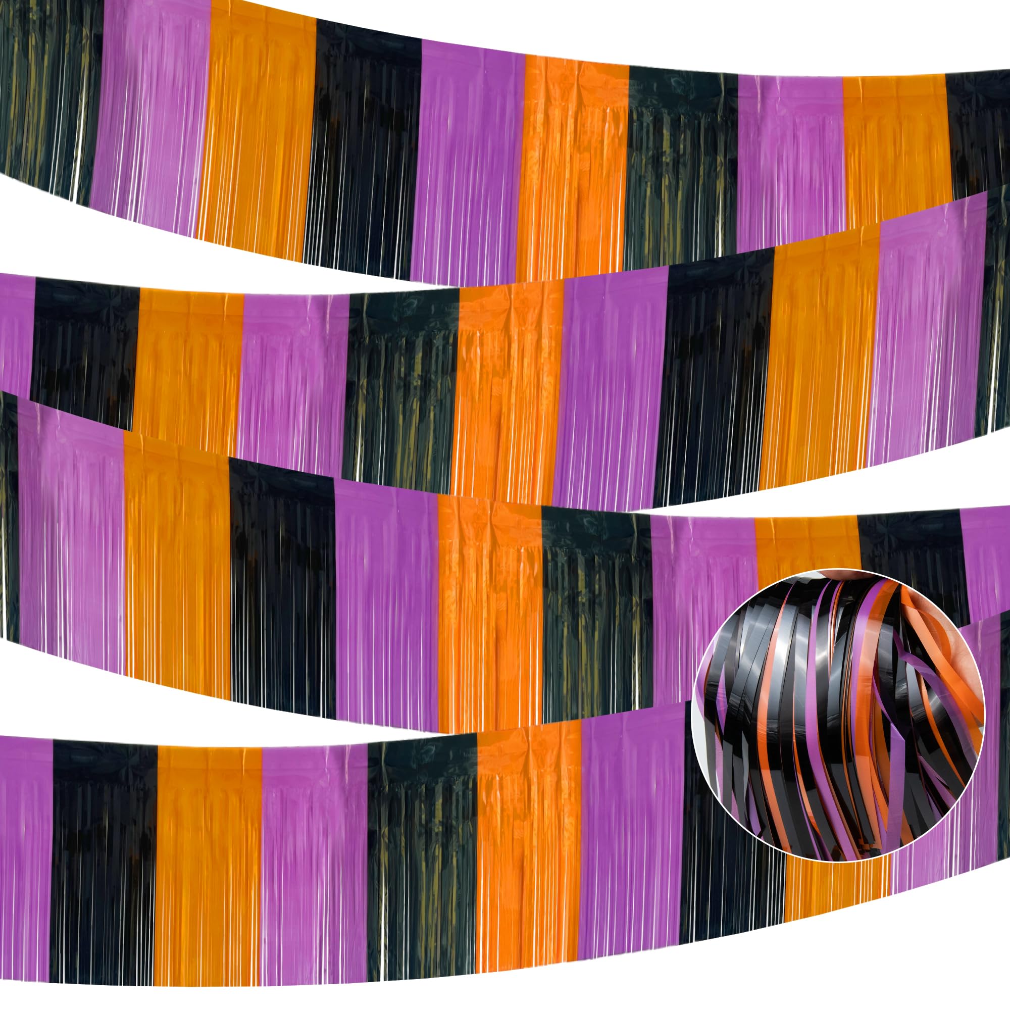 4 Packs 39 Feet Halloween Parade Floats for Trailer Car, Foil Fringe Garland Tinsel Streamers Banner Table Skirts for Halloween Dia De Los Muertos Homecoming BBirthday (Black Orange Purple)