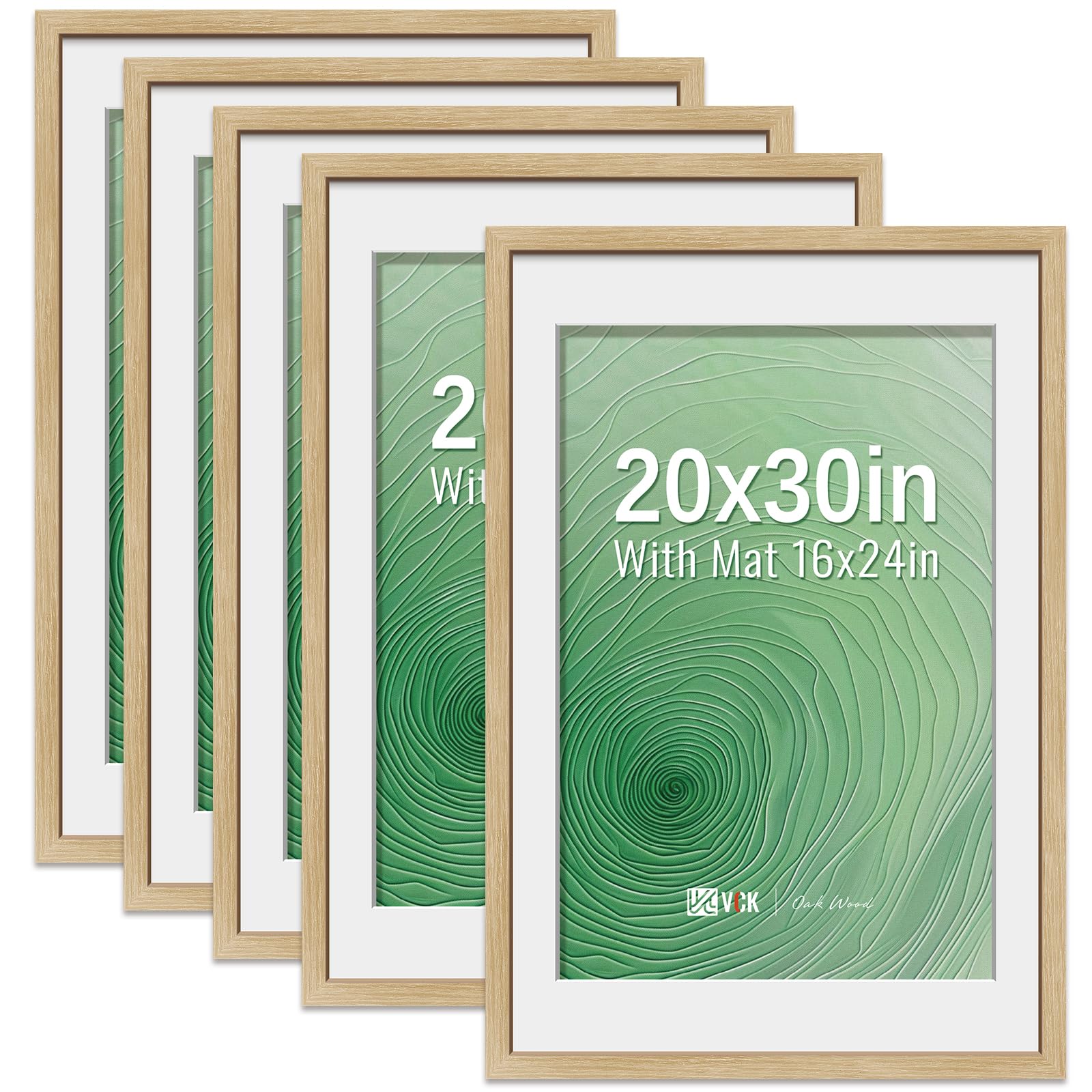 VCK 20x30 inches Poster Frame 5 Pack - Natural Oak, High-End Wood Picture Frames with Polished Plexiglass, Display 16x24 Photo with Mat or 20x30 without Mat, Art Gallery-Quality, Wall Hanging, Natural Oak