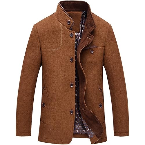 chouyatou Men's Gentle Band Collar Single Breasted Wool Blend Pea Coat