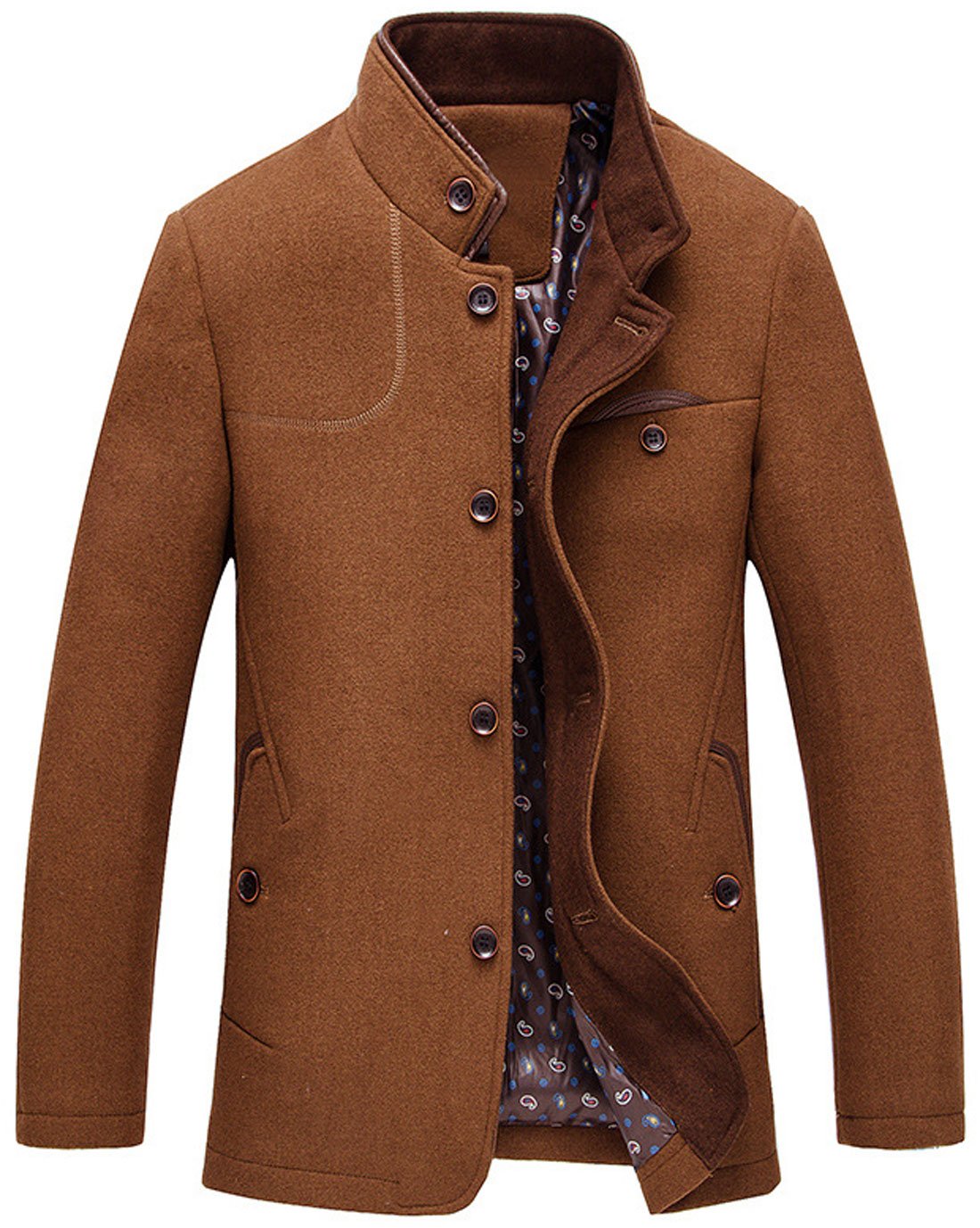 chouyatouMen's Gentle Band Collar Single Breasted Wool Blend Pea Coat