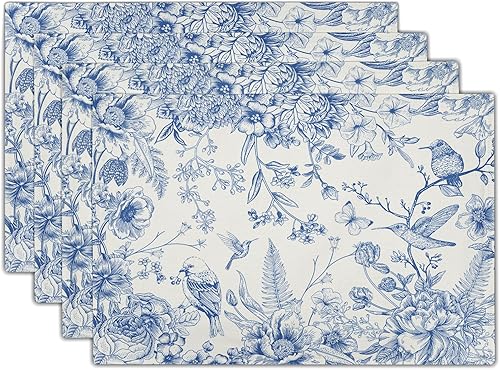 Miniatura 19 de Juego de 4 manteles individuales de primavera, diseño de pájaros azules, flores, flores, estación, primavera, floral, lavable, rústico, decoración
