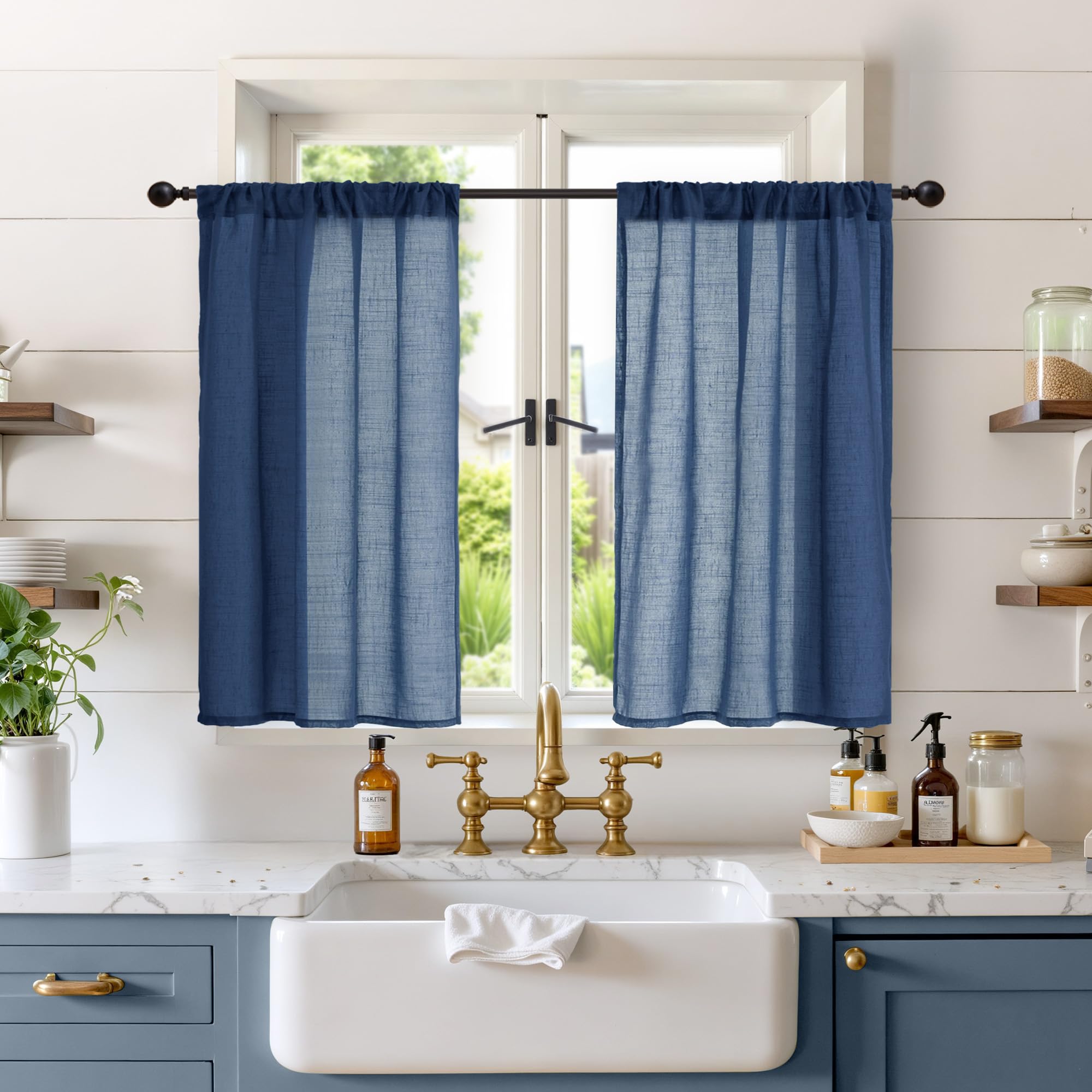BGment Navy Blue Small Linen Curtains 36 Inch Length for Kitchen Window, Semi Sheer Drapes Lightweight for Bathroom Cafe Decor with Rod Pocket, 2 Panels Set, 30 Inch Wide