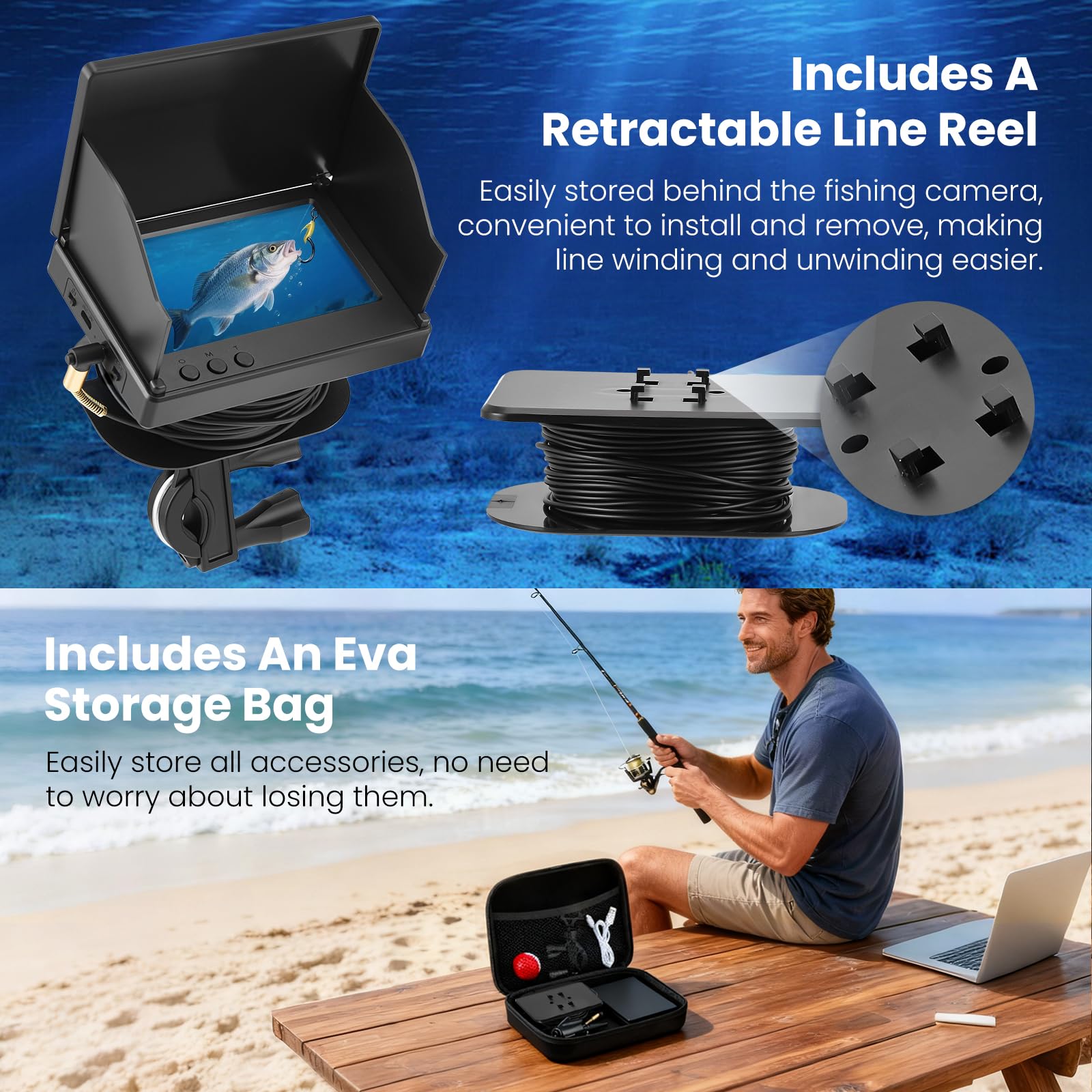 Ecoscandaglio da Pesca, con Telecamera Subacquea, Display IPS 4.3 Pollici, Cavo 30m, Visione Notturna Infrarossi Grandangolo 220°, Impermeabile IP65, per Pesca in Mare, Fiume, Lago e su Ghiaccio