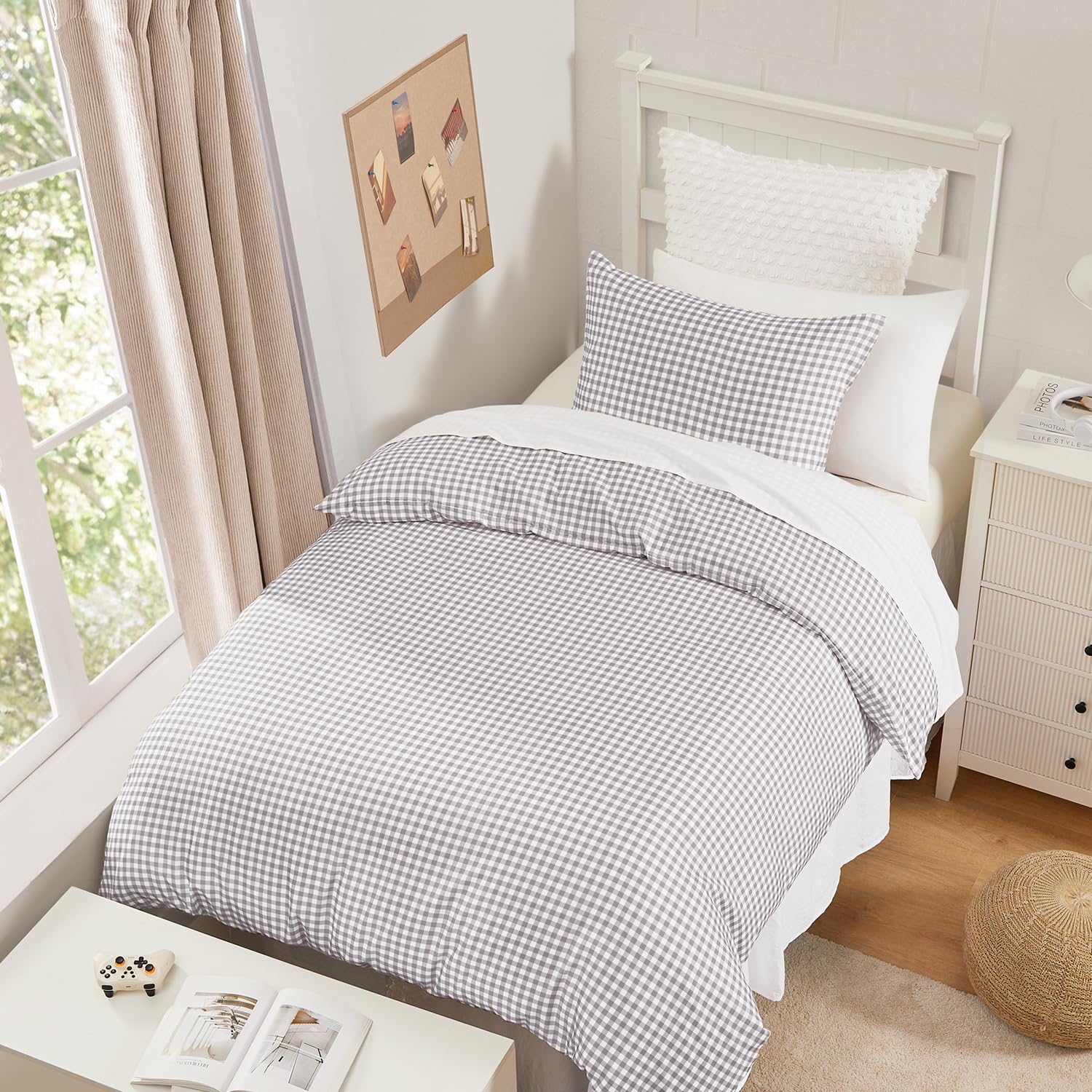 Andency Gingham Duvet Cover Twin Size, Light Grey Checkered Plaid Bedding Set with Zipper Closure &amp; Corner Ties, 2 Pieces Soft Prewashed Microfiber Comforter Cover for Dorm Kids