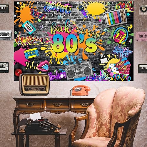Miniatura 6 de CSFOTO Fondo de fiesta de regreso a los años 80 de 7 x 5 pies, fondo colorido de graffiti para fotografía de pared, música retro, rock punk,