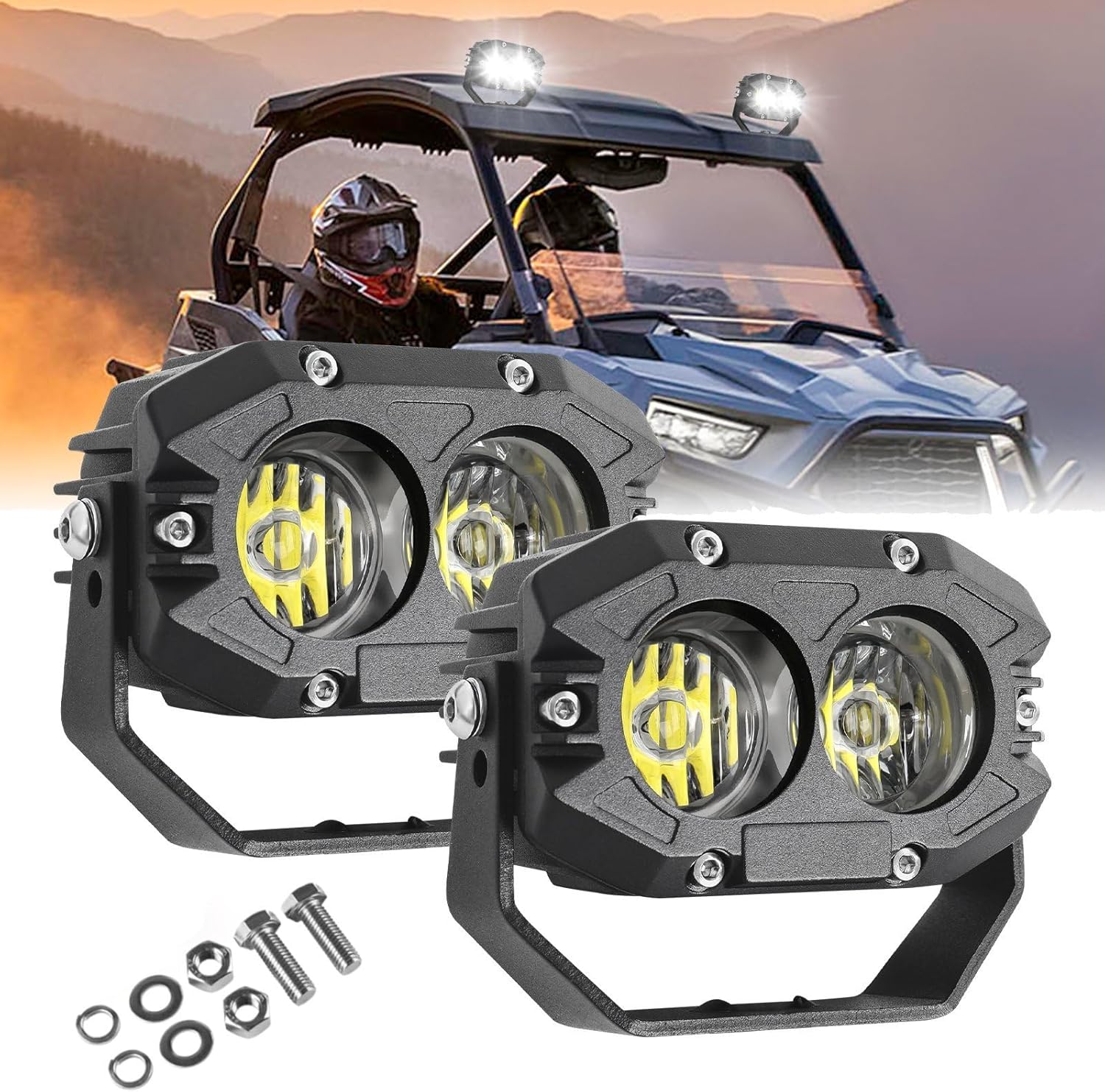 BraveWAY 4 Inch 80W LED Pod Offroad Driving Light 9600LM Super Bright with Harness White Spot Beam Waterproof Off Road Flood Light for Truck Pickup Ram Motorcycle SUV ATV UTV Pack of 2