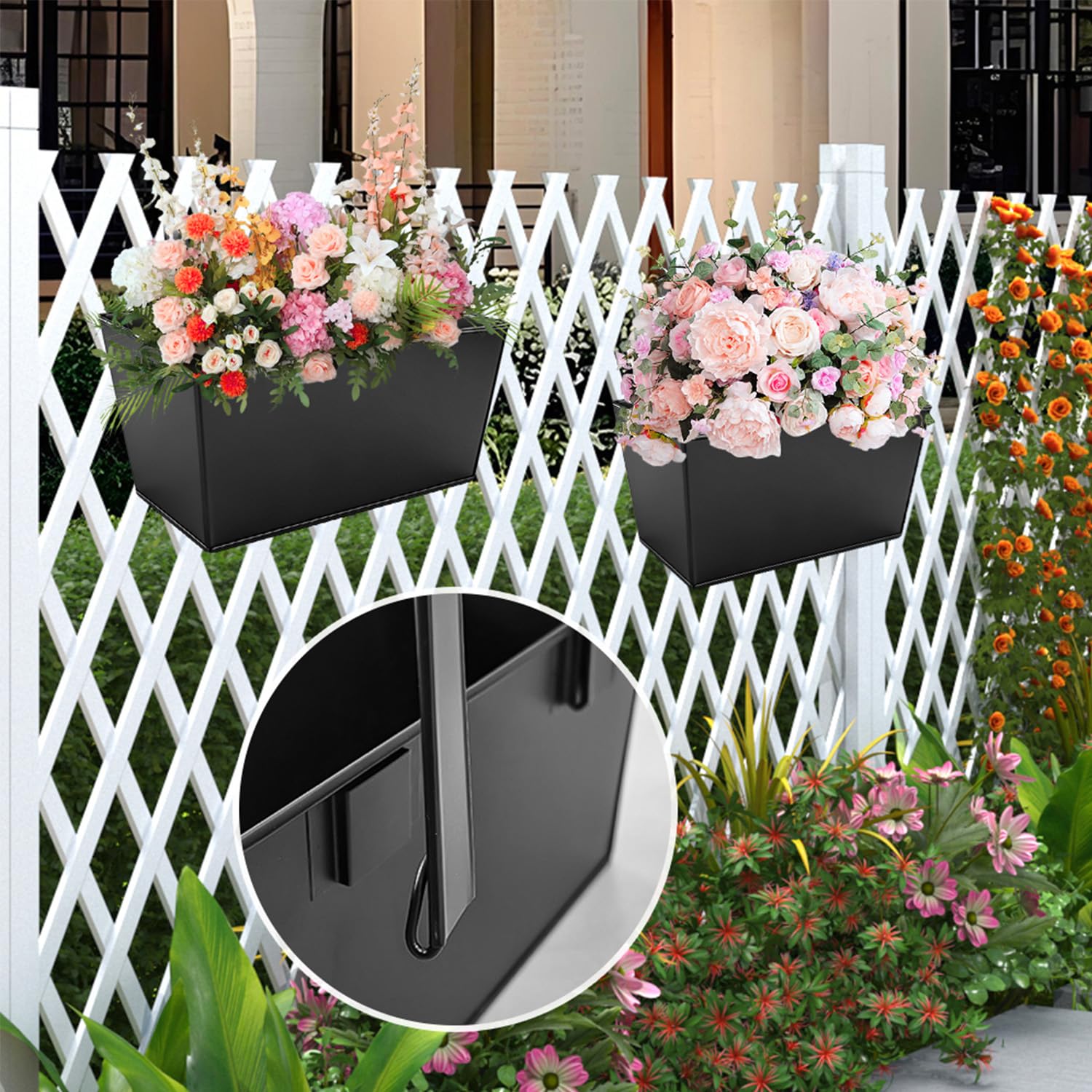 4 Stück Blumentopf Hängend, 27×24.5cm Balkon Hängende Blumentöpfe mit Abnehmbarem Haken für Balkon & Garten, Wetterfeste Übertöpfe aus Metall Für Innen & Außen, Geländer & Zaun（Schwarz）