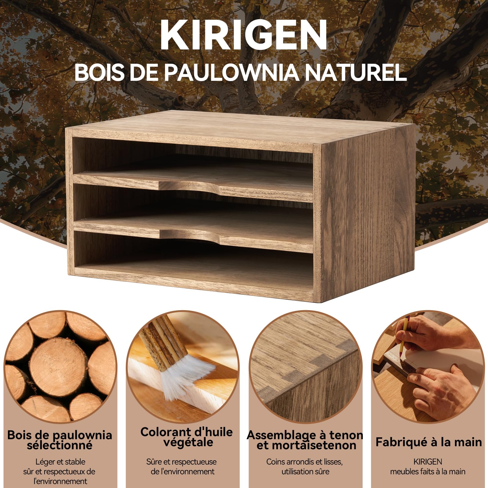 KIRIGEN Organisateur de Bureau en Bois - Armoire de Rangement Jaune-Brun pour Papier, Courrier et Magazines