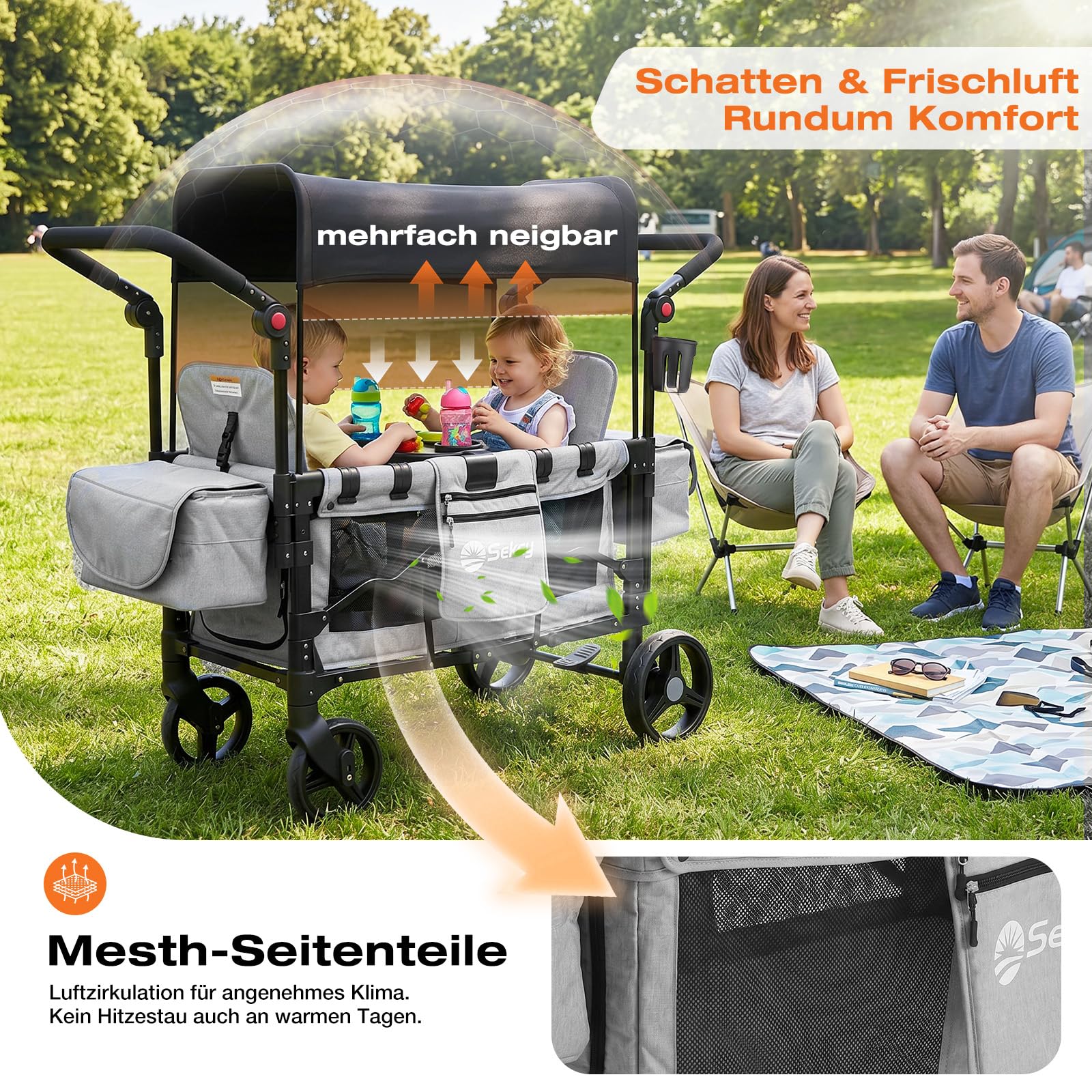 Sekey Bollerwagen Kinder Zwillingsmodus, Bollerwagen Faltbar mit Dach 2 Kinder, Duo Schiebegriff Kinderwagen Doppelsitz mit 2 integrierten 5-Punkt-Gurtsystem, Zwillingskinderwagen Luxer 6060, Grau