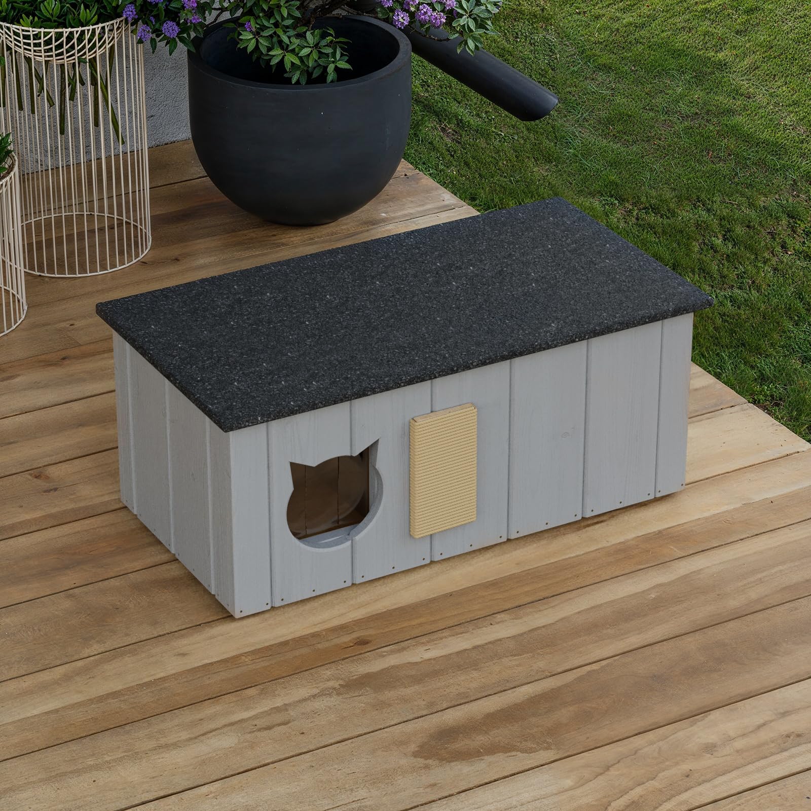 QLS Katzenhaus aus Holz mit Vorraum isoliert 86 x 47 cm Grau