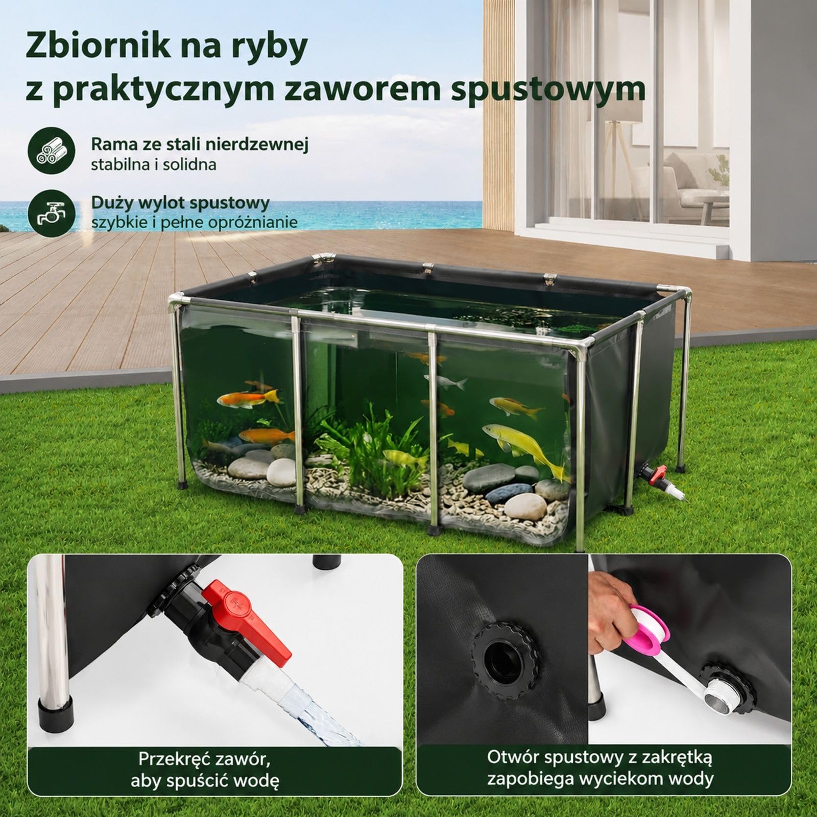 Naziemny zbiornik dla ryb 1023,3 l, czarny staw z PVC z przezroczystym okienkiem, stalową ramą i zaworem spustowym, do koi i złotych rybek