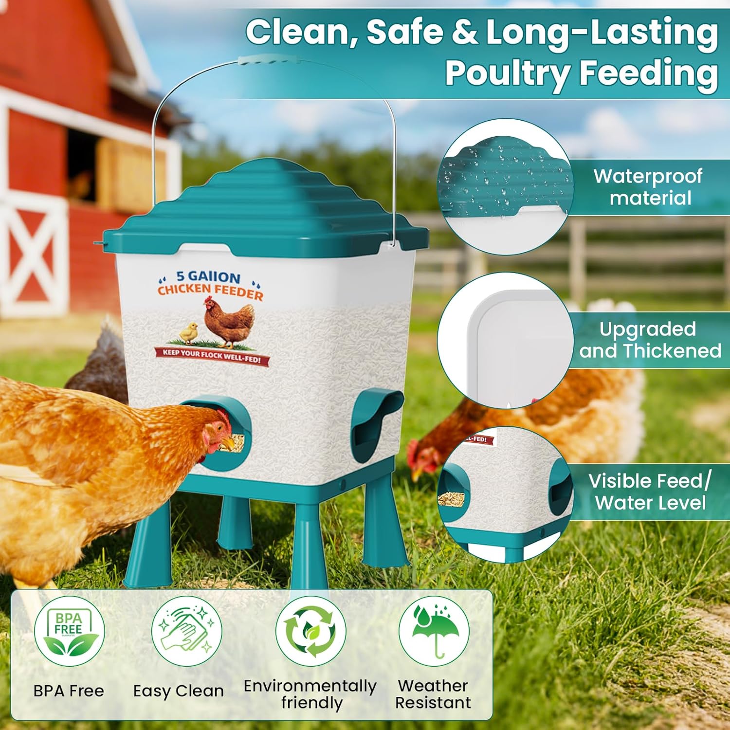 Chicken Feeder and Waterer Set, 5 Gallon Automatic Chicken Waterer with Cups, 40LB Large Chickens Feeders No Waste, Chicken Coop Accessories, Poultry Feeder & Chicken Watering System for Ducks, Quails