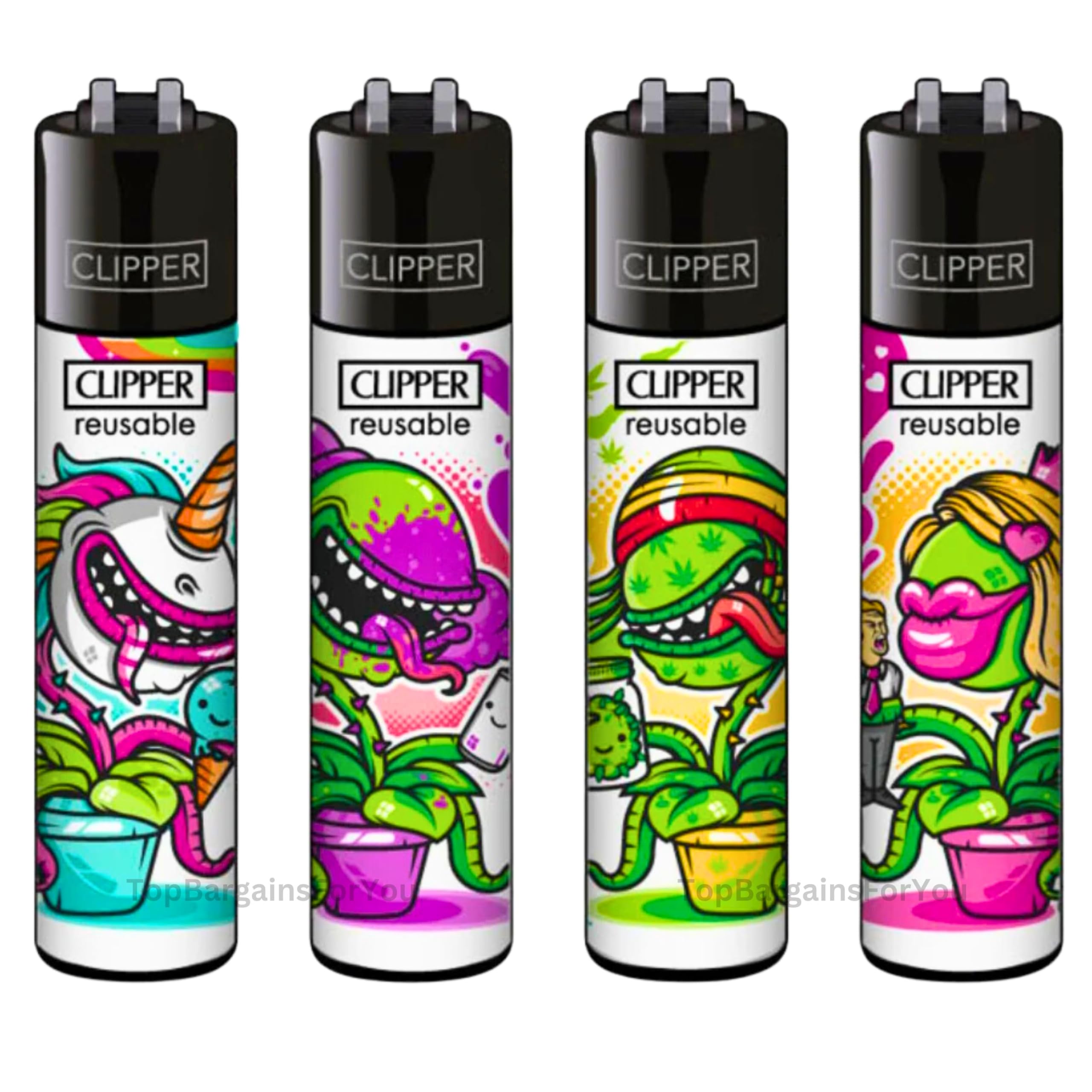 Zactly - 4 x Clipper Lighters VENUS TRAP Design Set, Gas Refillable Flint Rare - Limited Edition